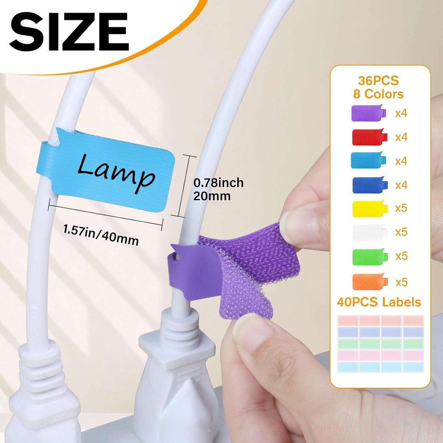 36Pcs Large Cable Labels - 8 Colors Reusable Write-On Wire Labels Tags, Cord Identification Labels for Electronics, with 40Pcs Label Stickers, Cable Management for Home, Office, Rectangle