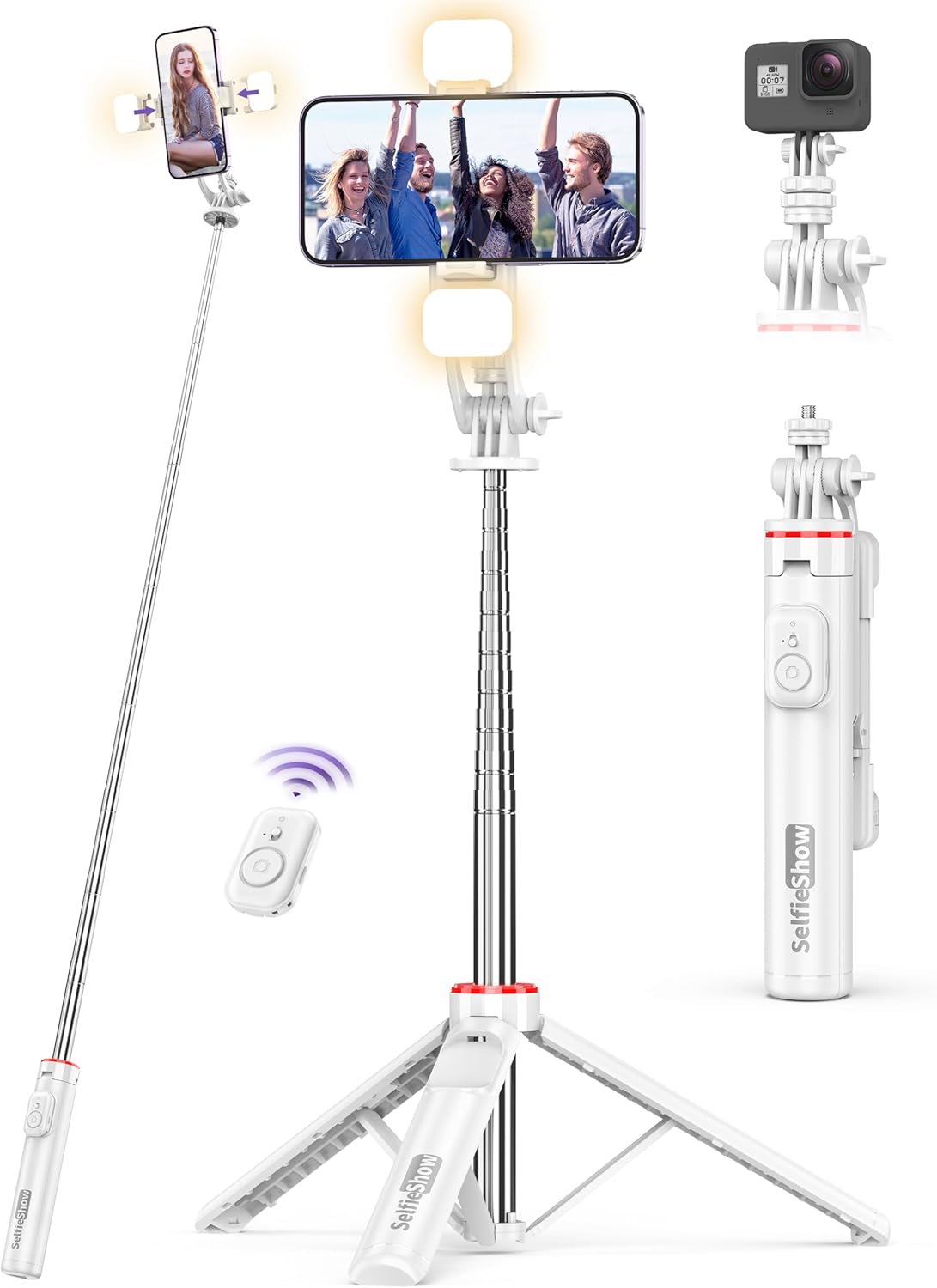 Selfie Stick Tripod with 2 Light, 3 Light Modes & 6 Brightness Levels Extendable Phone Tripod with Detachable Remote & Phone Holder, Portable Camera Tripod Compatible with iphone16 15 14 13/Android