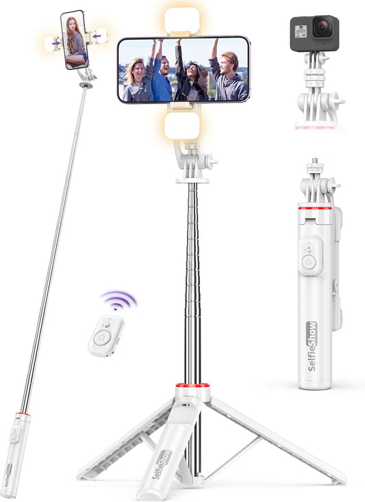 Selfie Stick Tripod with 2 Light, 3 Light Modes & 6 Brightness Levels Extendable Phone Tripod with Detachable Remote & Phone Holder, Portable Camera Tripod Compatible with iphone16 15 14 13/Android