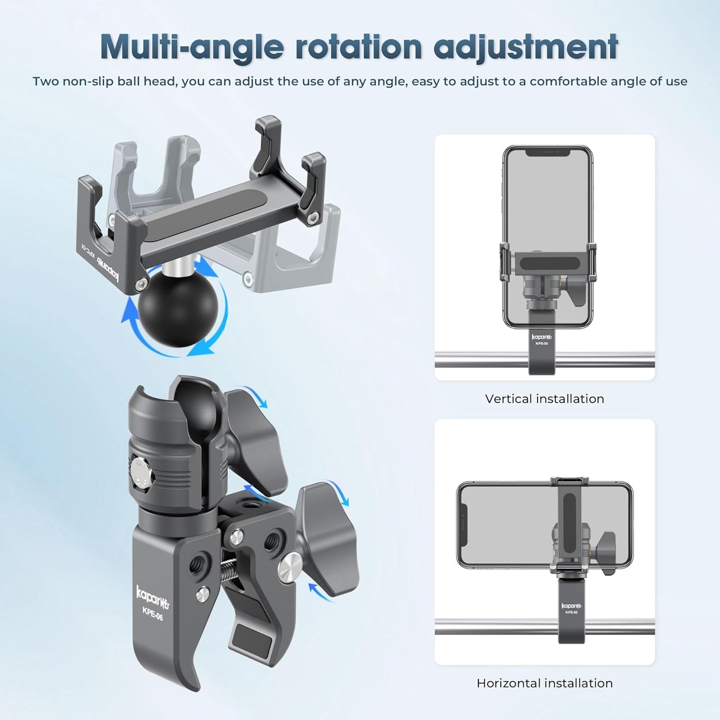 Riding Phone Clip Kit, Dual Knob Single Socket Arm and Aluminium Handlebar Base Mount Strong Rod Clamp, Suitable for Installation in 0.55-1.77” Diameter Steel Round Bar (KPS-07)
