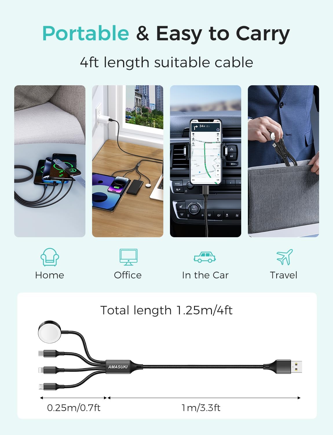 2Pack Travel Essentials Multi Charging Cable for Watch Charger 4 in 1 Fast Charger Camping Essentials USB C/L/Micro Compatible with Watch Series 10-1/SE/Ultra Phone 16 15/Galaxy Android-4FT/Black