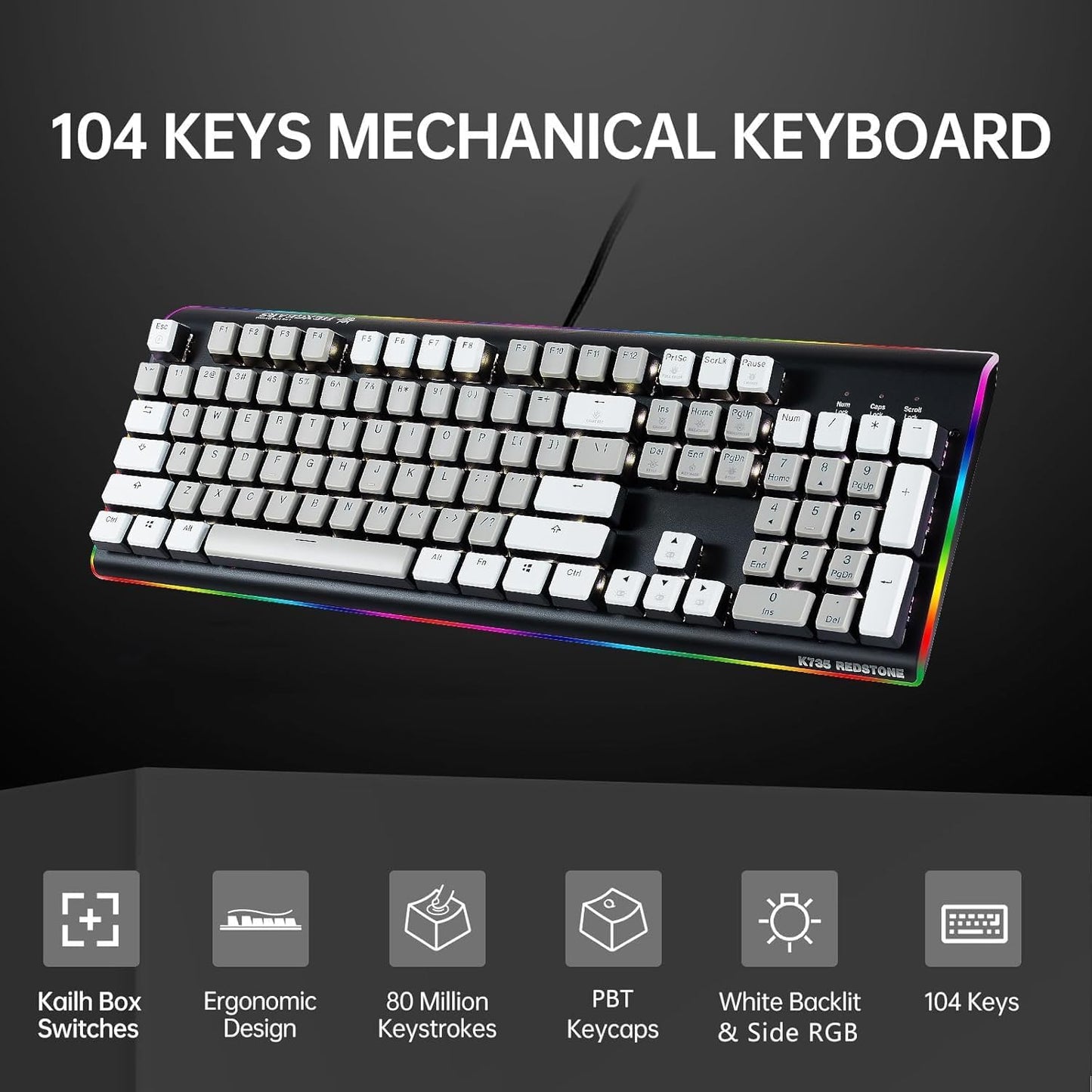 Wired Full Size Mechanical Keyboard, Aluminum Housing Built for Gamers w/Kailh Box White Switch, White Backlit + Surrounded by RGB Light Strip, 104 Keys Gaming Keyboard for PC/Mac