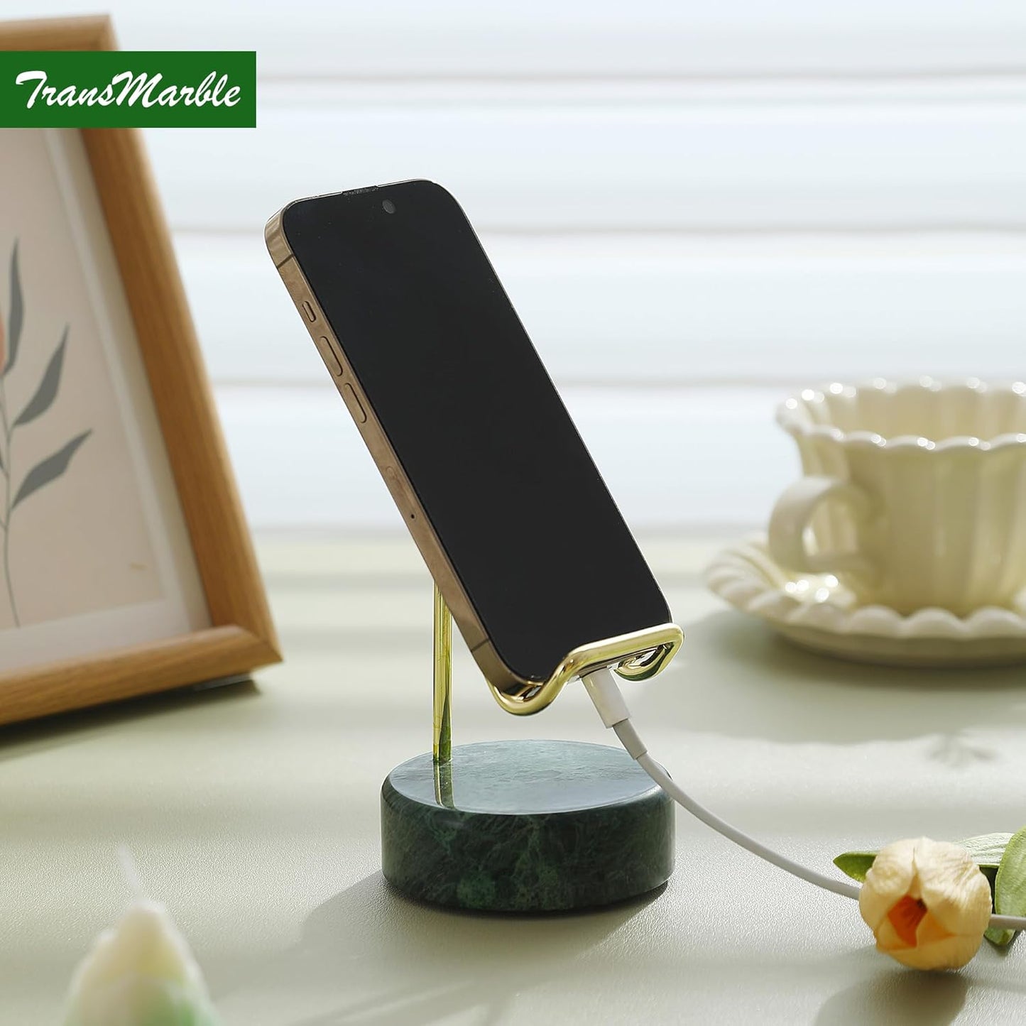 Marble Phone Stand with Metal Holder, Charging Available While Using, Swipe Up to Unlock, Made of Natural Marble as Business Card Holder for Office Desk (Emerald Green + Gold)