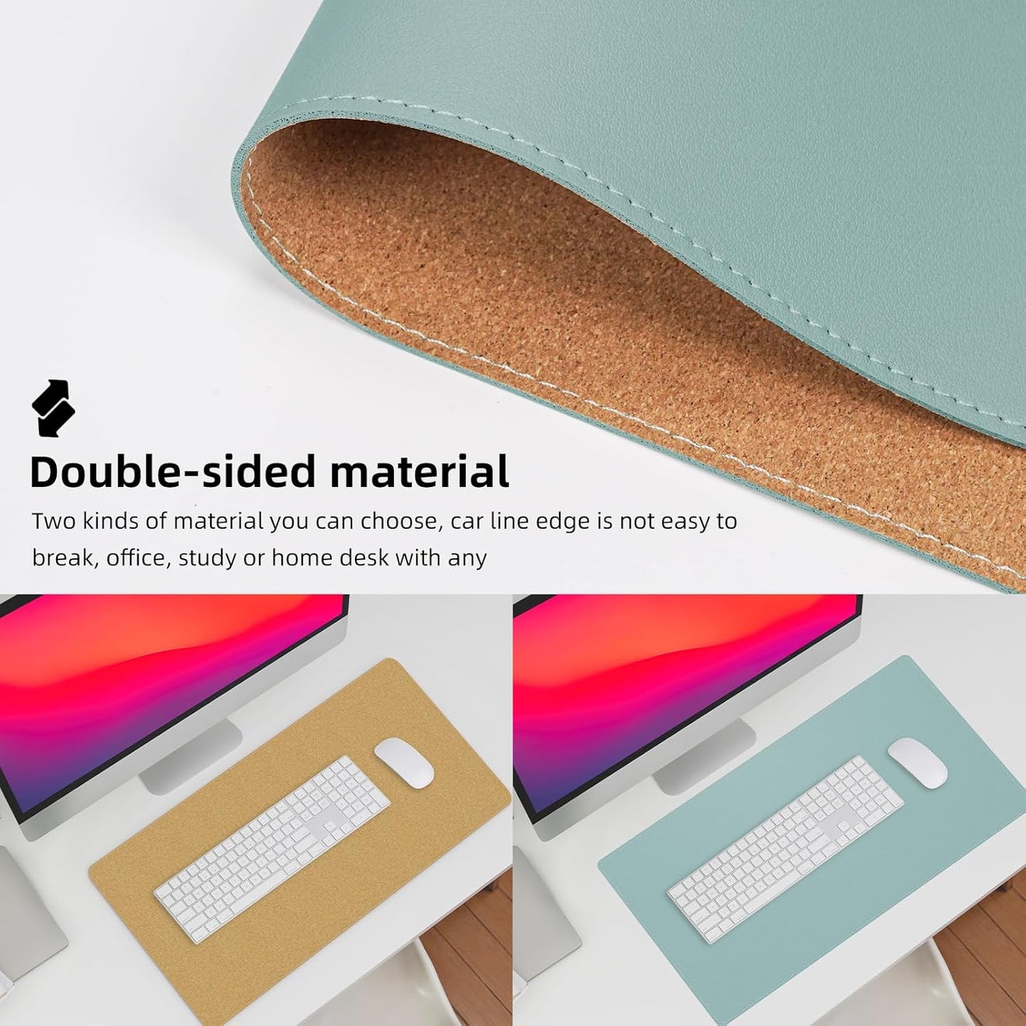 AFIING Dual-Sided Desk Pad, Natural Cork & PU Leather, Desk Mat Protector Non-Slip, Waterproof, Easy Clean,Large Mouse mats for Office and Home Work(Light Blue, 31.5"x17")