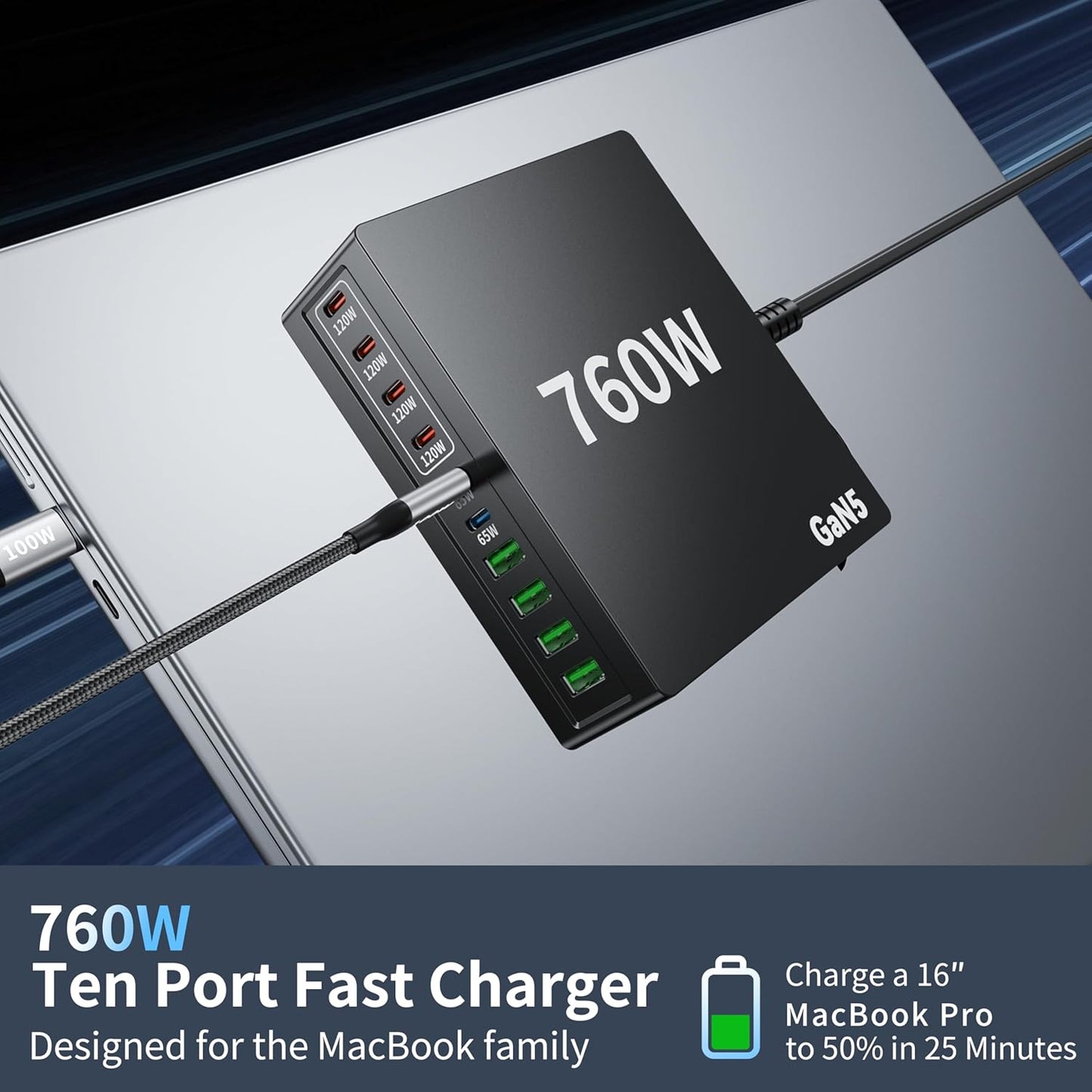 760W USB C Charger Block,10 Port Fast Charging Station Hub Brick PD 100W Gan Charger for DELL HP MacBook Pro/Air/All iPad iPhone 17/16 15/14/13/Pro Max/Samsung Galaxy Note