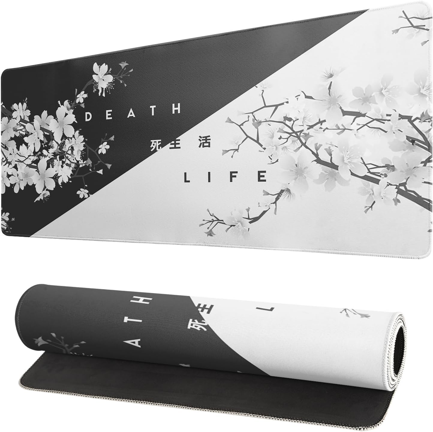 Black and White Mouse Pad 31.5 X 11.8 Inch Japanese Cherry Blossom Extended Large Mouse Mat Non-Slip Rubber Mousepad Stitched Edges Keyboard Mouse Mat Desk Pad for Office Home Game