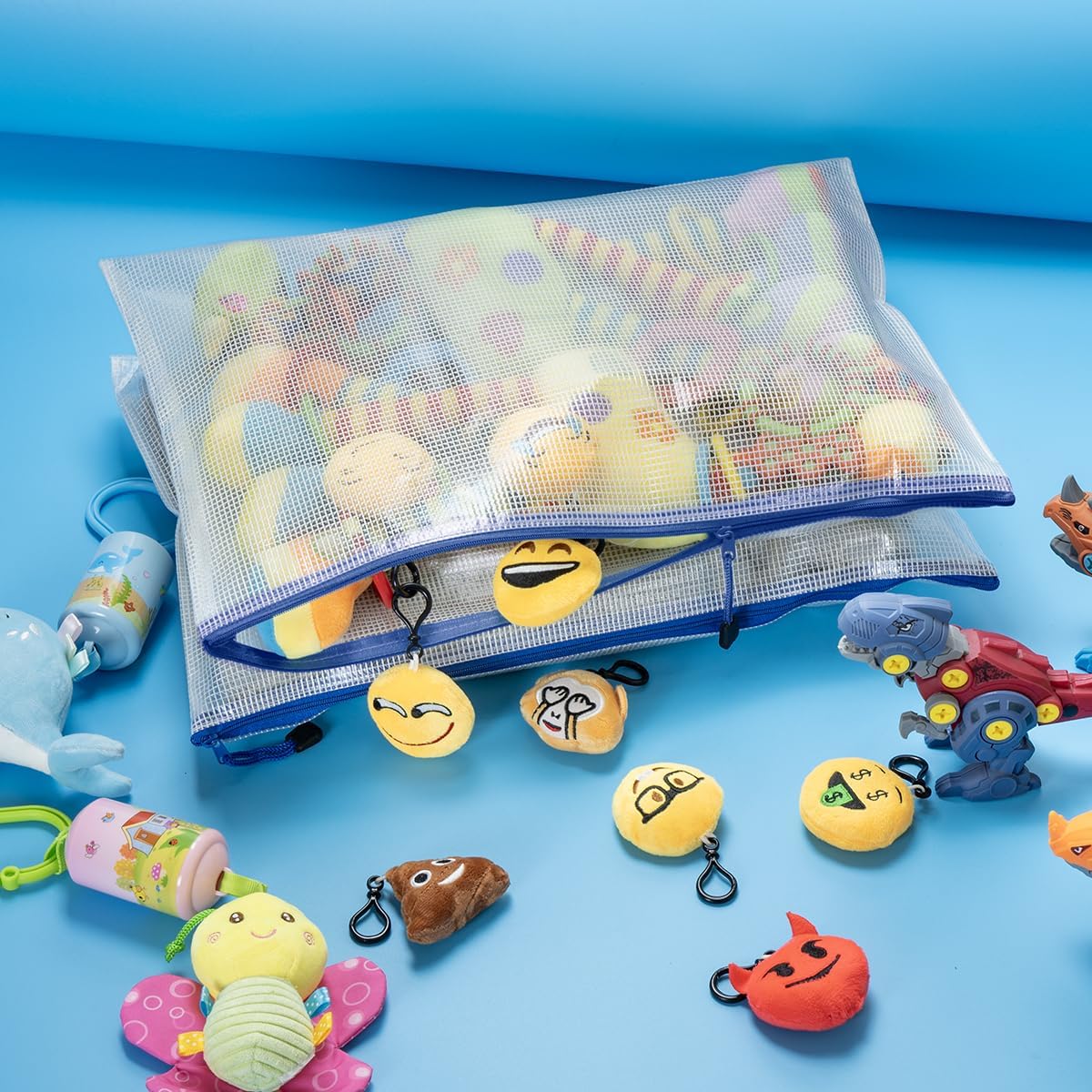 AUSTARK 10 Pcs Zipper File Bags, Waterproof Plastic Mesh Pouch for Office School, Board Game Storage Bags (A3 Size 16.9''x12'', White and Blue)