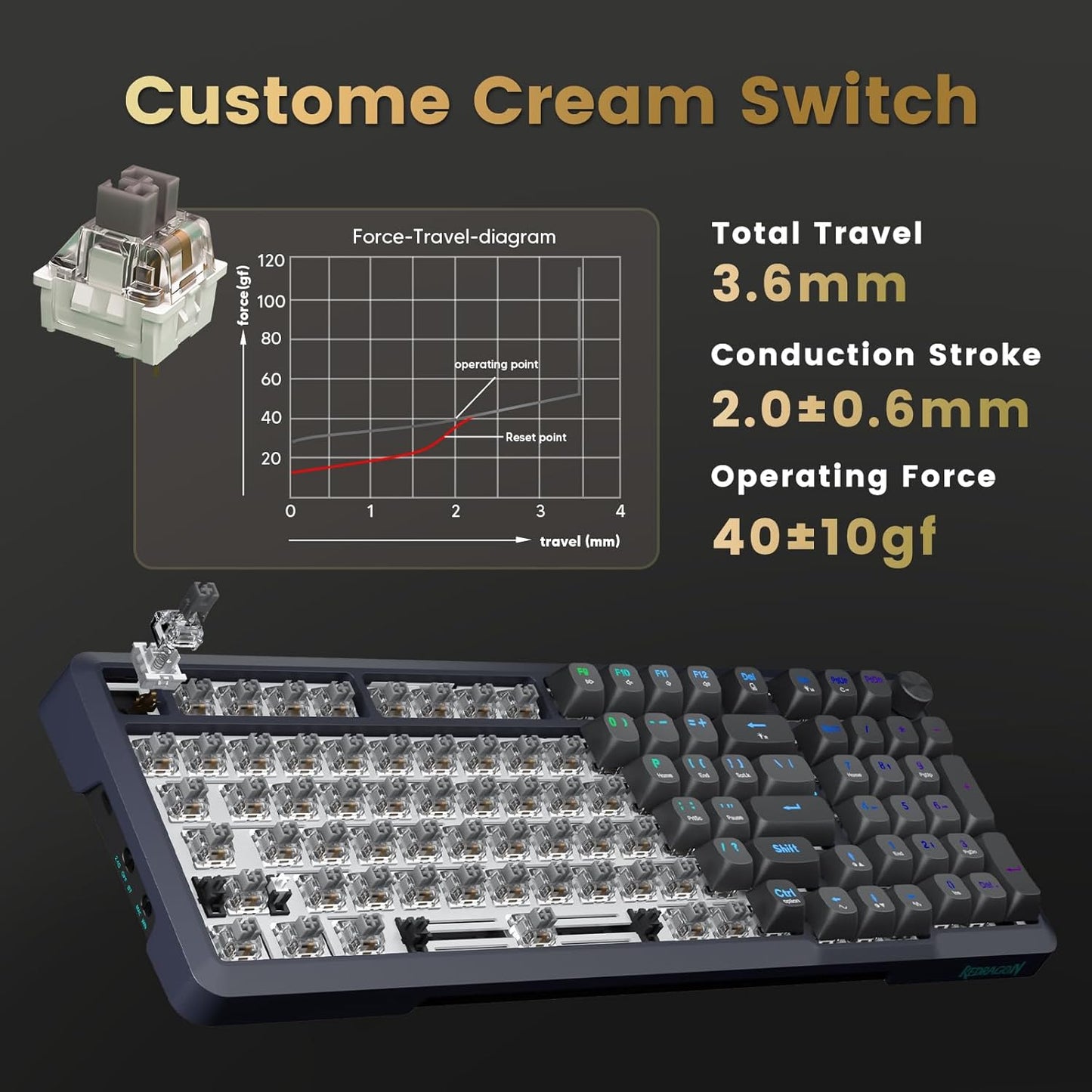 Redragon Wireless Mechanical Keyboard, 3 Mode Gasket Mounted RGB Gaming Keyboard with Volume Knob, Pre-Lubed Linear Switches, MDA-Profile, 98 Keys Hot Swappable Creamy Keyboard for PC/Tablet/Xbox/PS4