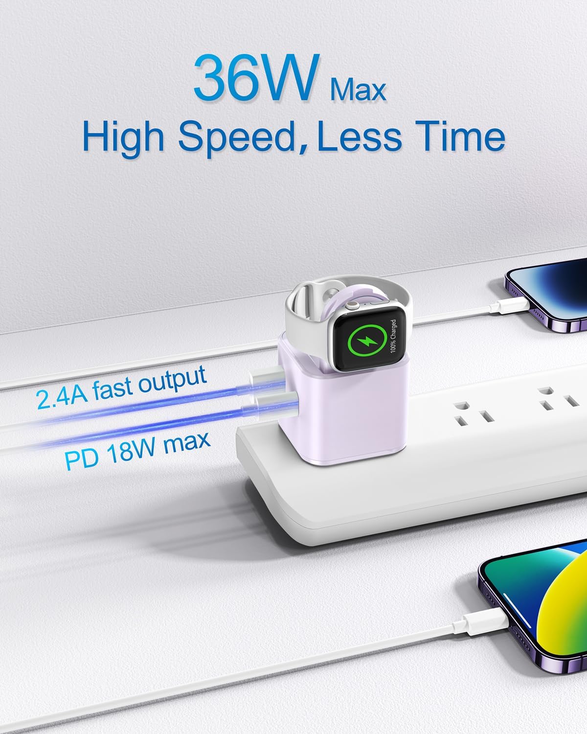 36W for Apple Charging Block with Built-in Watch Charger, Foldable PD Fast Charger Block for iPhone, Dual Ports Wall Charger Compatible with Apple Watch iPhone AirPods(Purple)