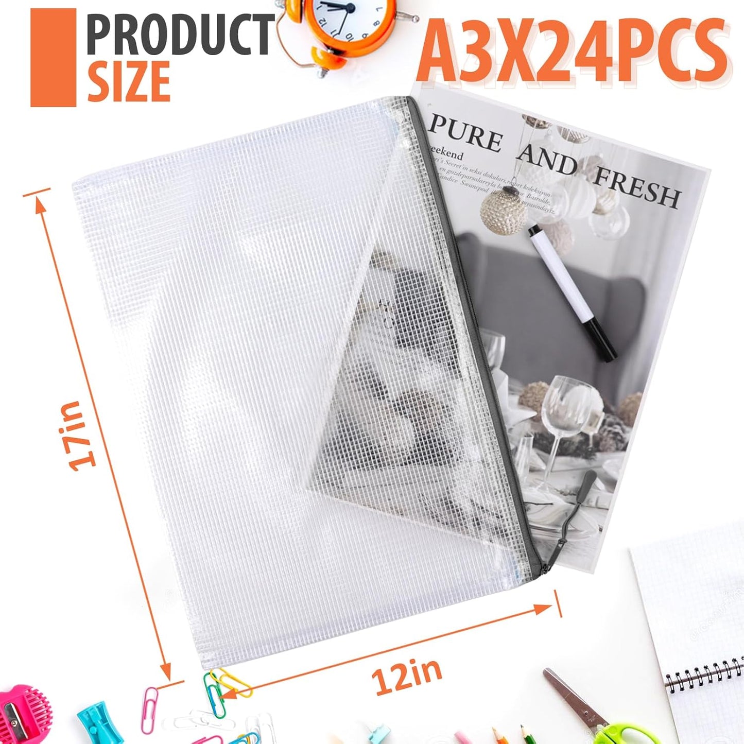 24pcs Mesh Zipper Pouch, Puzzle Storage Bags, A3 17x12 Inches Large Reusable Zipper Pouches for for Classroom Office Supplies Organizing, Extra Large Zipper Bags, Board Game Storage