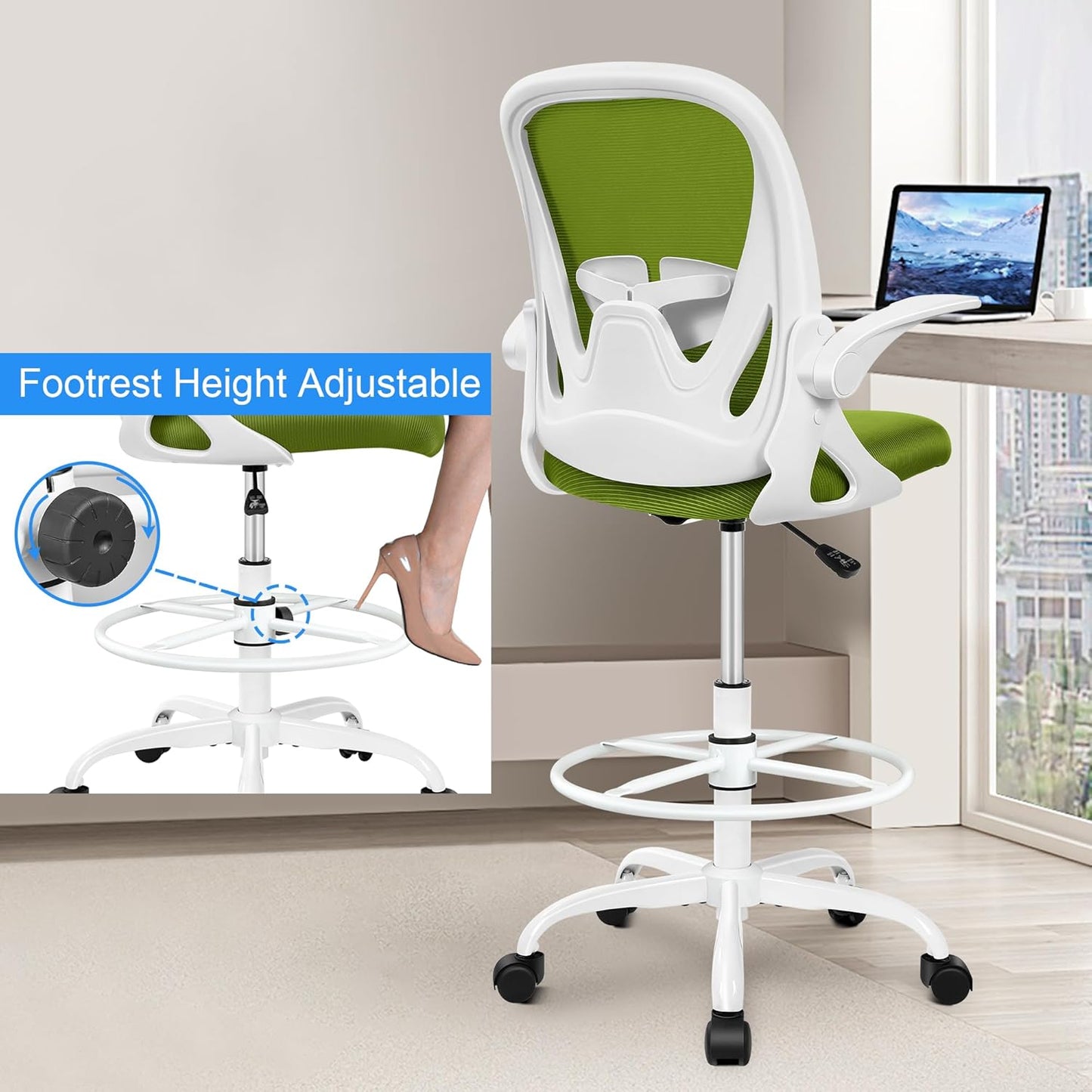 Primy Drafting Chair Tall Office Chair with Flip-up Armrests Executive Ergonomic Computer Standing Desk Chair with Lumbar Support and Adjustable Footrest Ring (AvocadoGreen)