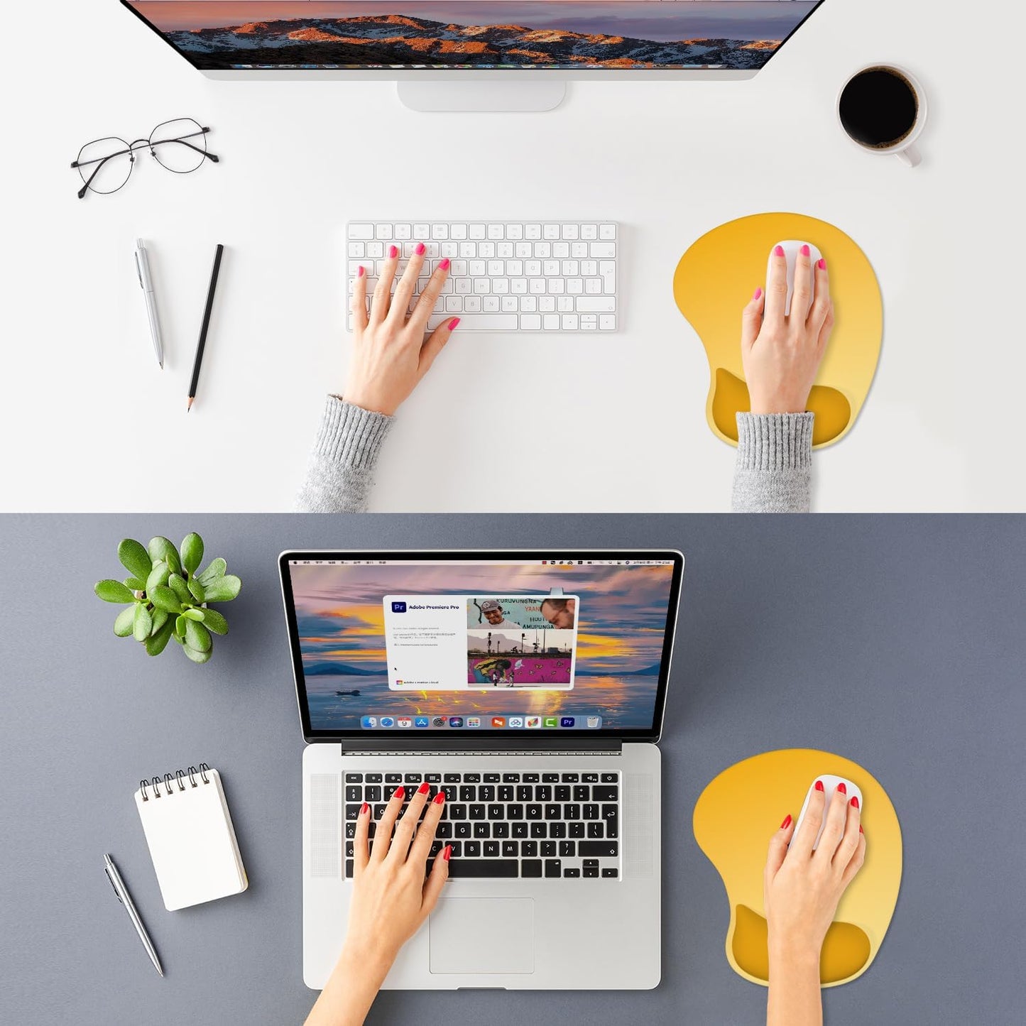 ITNRSIIET Ergonomic Mouse Pad, Cushioned Gel Wrist Rest, Non-Slip Base, Smooth Surface, Cute Multi-Color, 9.5 x 8.2 in, Yellow Gradient