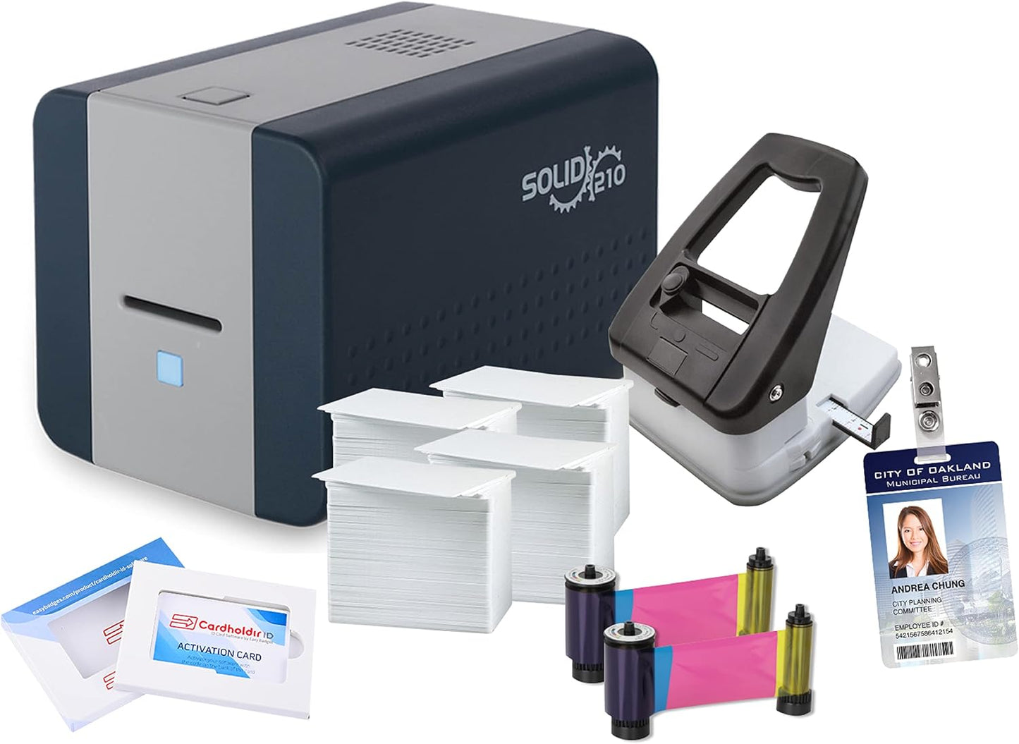 Easy Badges Solid 210 ID Badge Printer | with Beginner Software, & Everything Needed to Design and Print 400 ID Cards, | Single Sided Employee & Student ID Card Printer