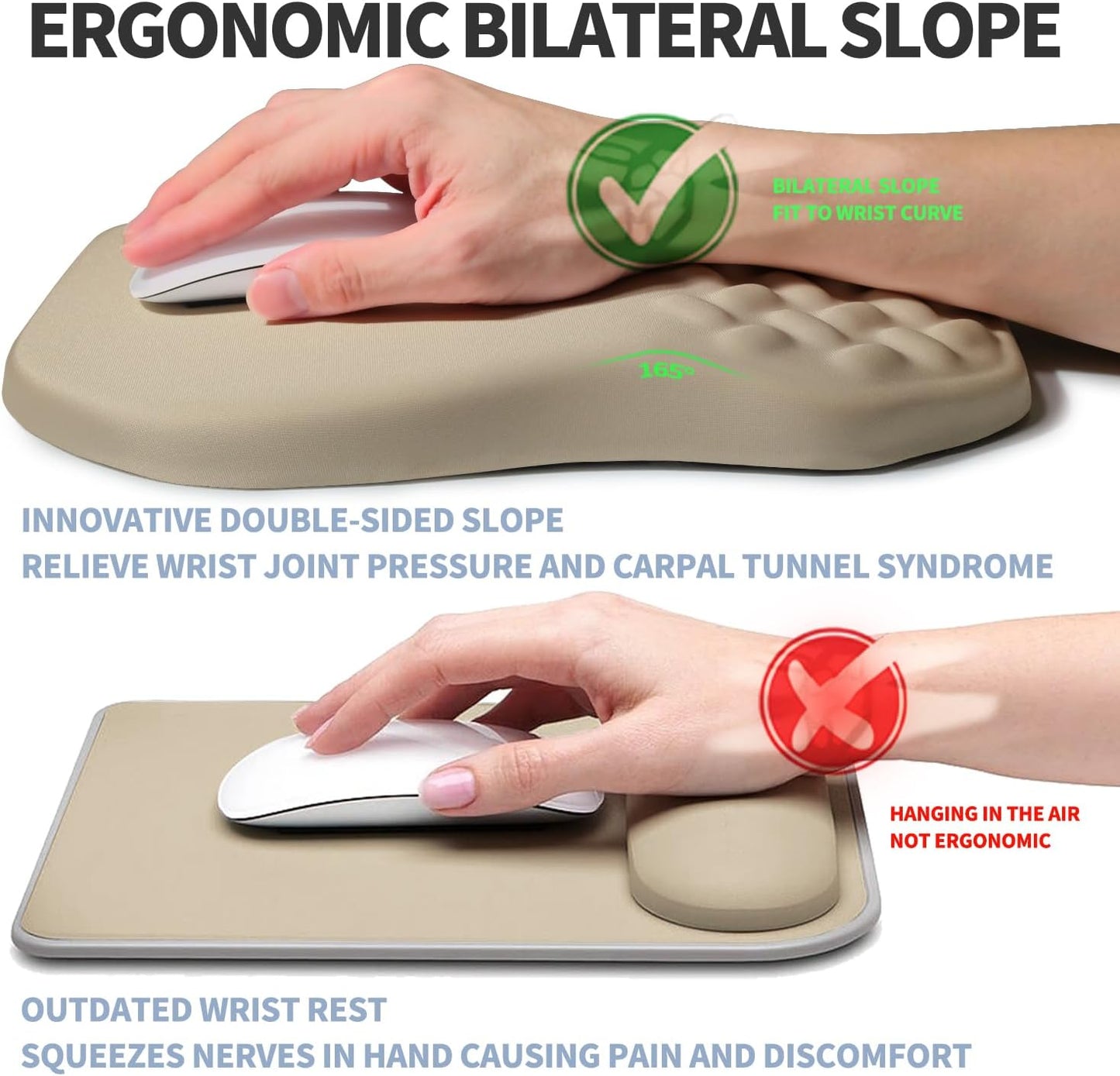 Ergonomic Raised Mouse Pad Wrist Support with Bilateral Slope Memory Foam Mousepad for Wrist Rest and Carpal Tunnel Pain Relief 11.8x7.9〃 Khaki