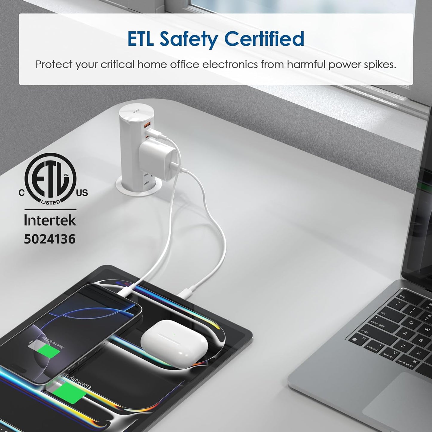 2 Inch Pop Up Outlet for Countertop,Power Grommet 2-inch Desk Wire Hole Insert,20W USB C,2 Outlets,2 USB C/1 USB A,Recessed Outlet,Desk Charging Station (White, 6 FT Cable)