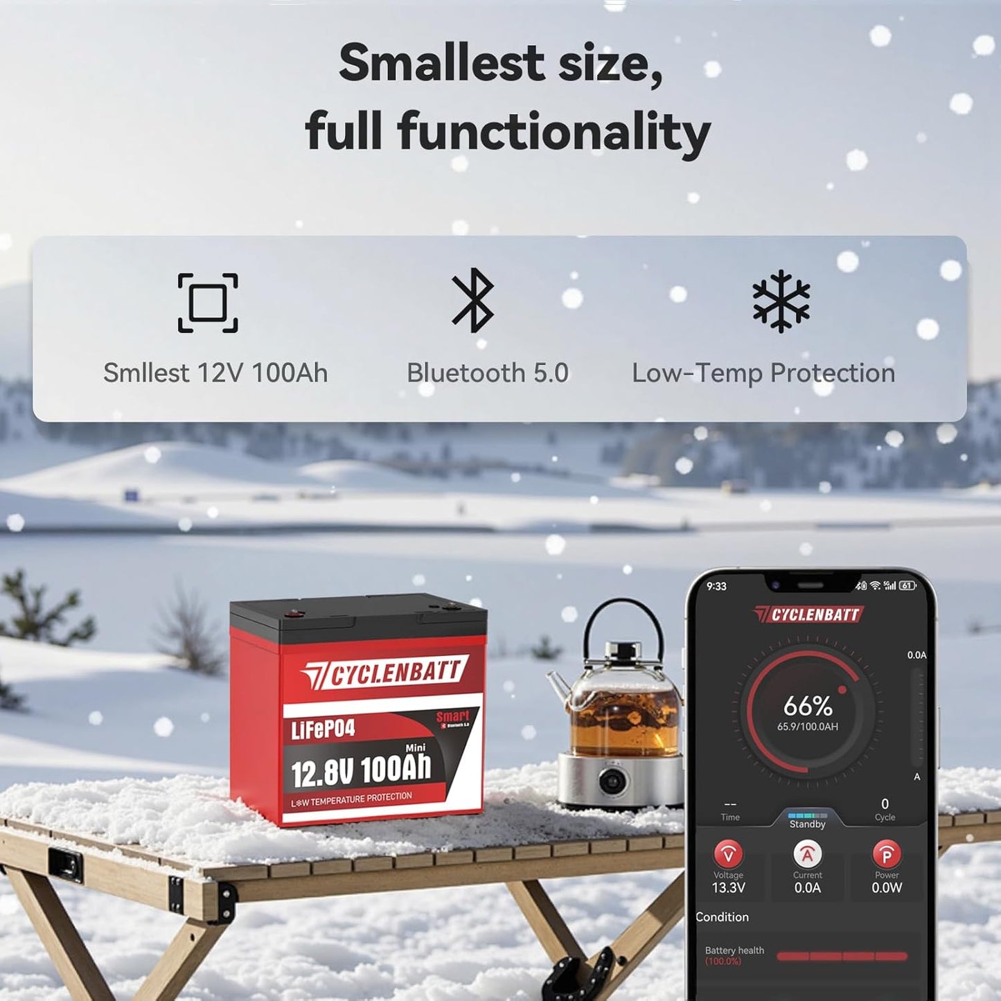 12V 100Ah Mini Bluetooth LiFePO4 Battery, 12 Volt Lithium Battery Bulit in 100A Smart BMS with Low-Temp Protection, 100Ah Lithium Battery Great for Marine, Trolling Motor, RV, Camper, Solar