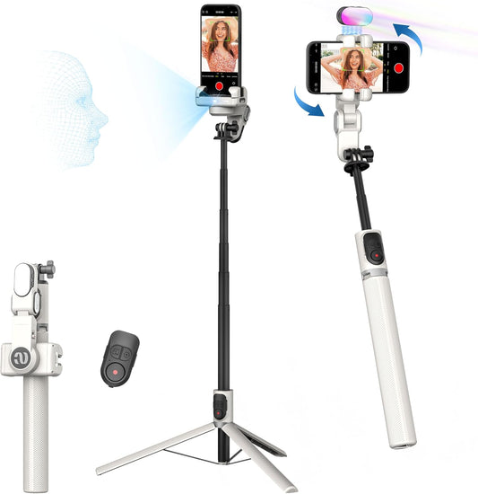 Auto Face Tracking Tripod 360 Rotation w/Stand for iPhone Android,Selfie Stick Phone Stand 360 Rotating for Video Recording,Phone Holder Follow You w/Remote,RGB Light for TikTok(M2Pro White)