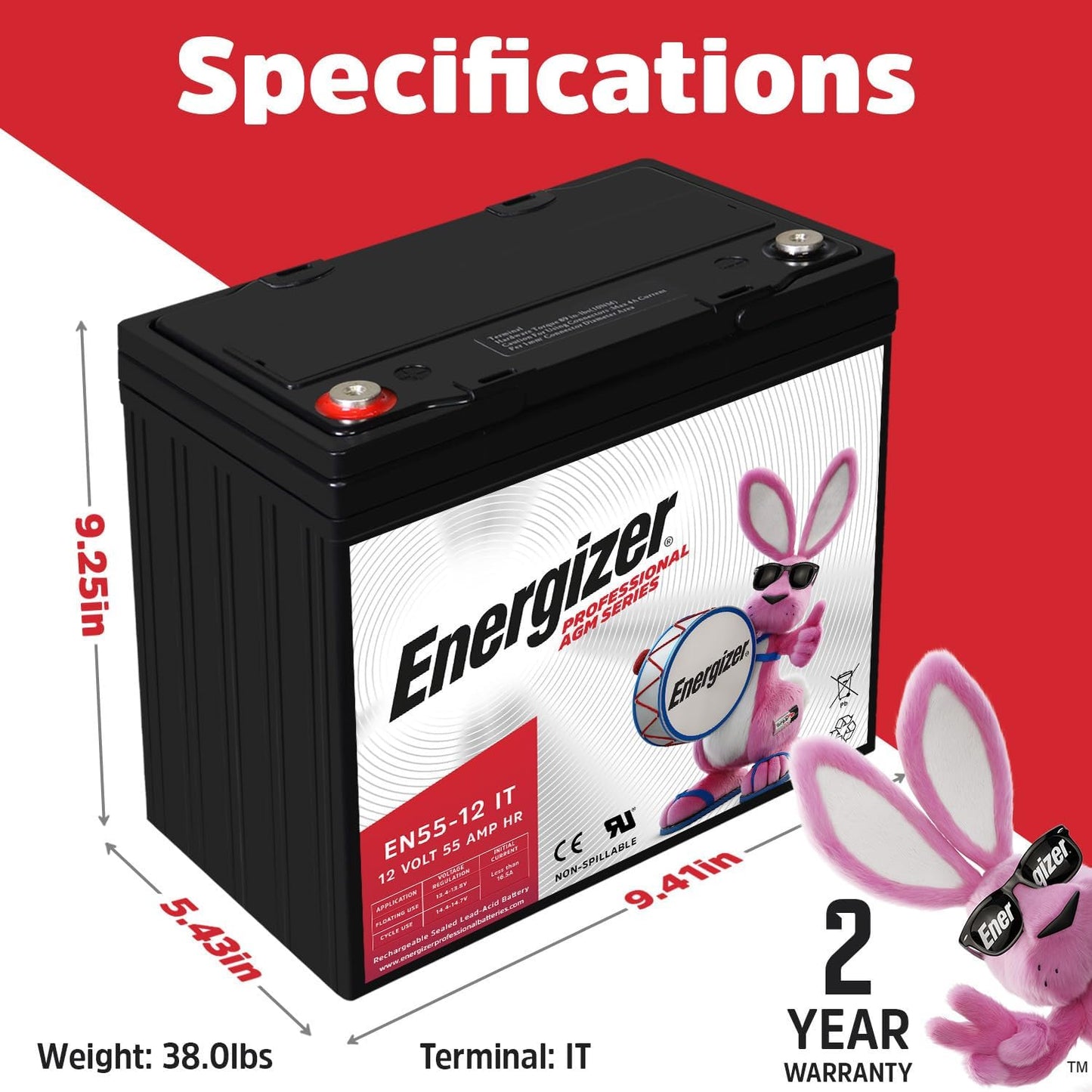 Energizer EN55-12IT - 2 Pack - 12 Volt 55 Amp Hr, Long Lasting Sealed Lead Acid AGM Rechargeable Battery Ideal for Use in Electric Scooters, Wheelchairs, Emergency Lighting, Backup Power, and More