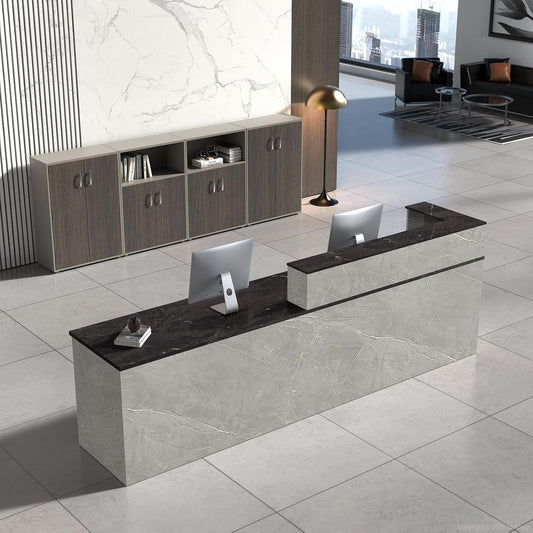 Reception Desk with Counter, Modern Front Desk Reception Counter with Keyboard Tray, Lockable Drawer and Storage Shelves for Office, Retail, Salon (Gray+Black/Left, 79" L*24" W*39" H)