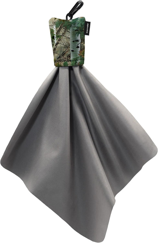 SPUDZ Classic Microfiber Lens Cleaner – Clip-On Pouch, Washable – for Binoculars, Scopes, Glasses, Screens | Alpine Mountain Camo, 10 x 10 Inch