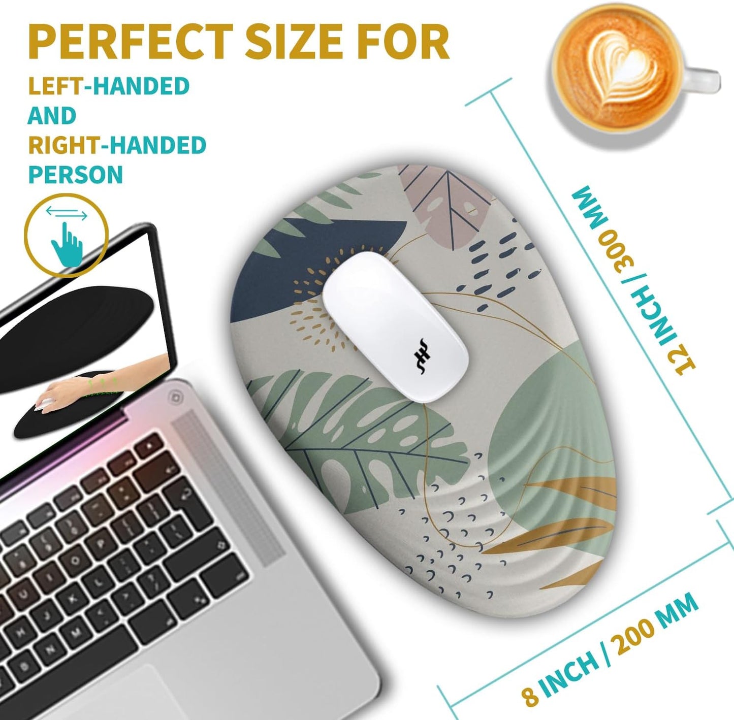 Hokafenle Ergonomic Mouse Pad Wrist Support with Stepped-Wedge Design, Wrist Rest Pain Relief Mousepad Filled with Memory Foam, Carpal Tunnel Mousepad for Wireless Mouse(12x8 inch, Abstract Leaves)