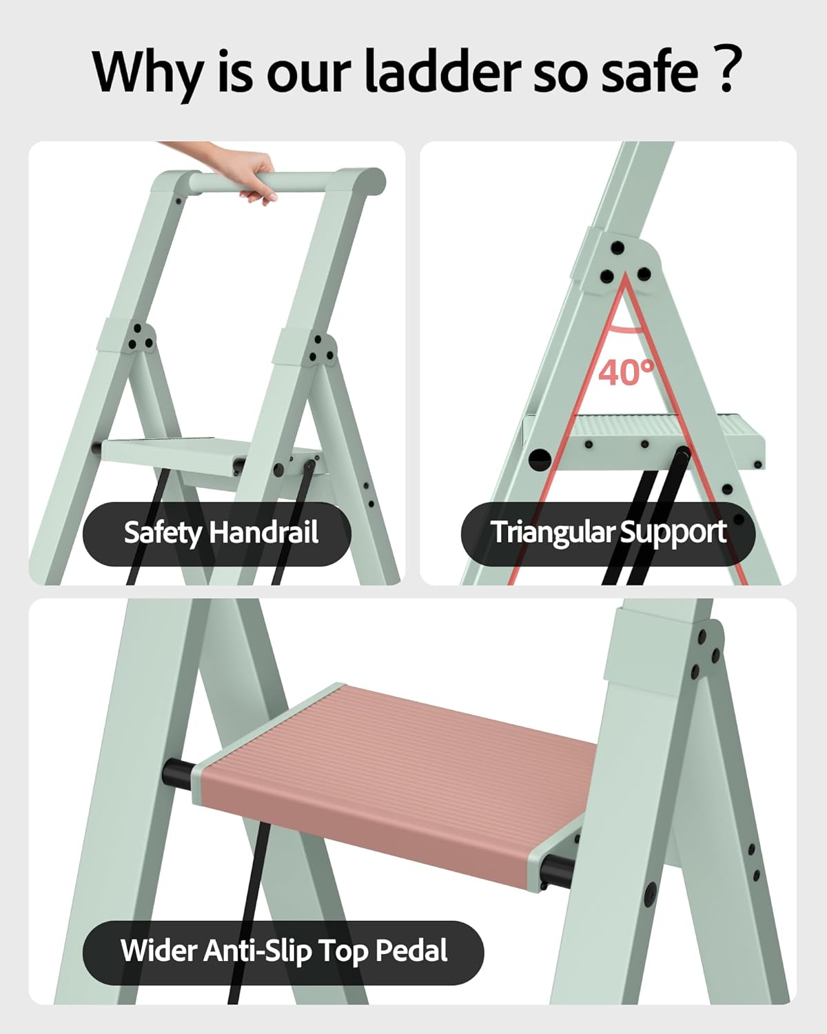 Taranta 3 Step Ladder,Lightweight Aluminum Step Stool with Convenient Handgrip, Folding Ladder with Anti-Slip Pedals, 330lbs Capacity Stepladder for Home, Office, Kitchen-Fairyland Green