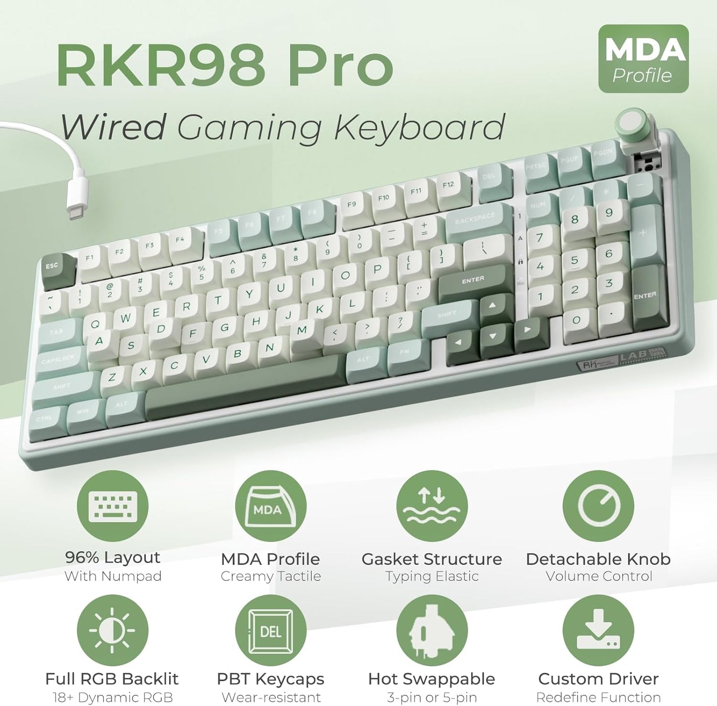 RK ROYAL KLUDGE R98 Pro Creamy Mechanical Keyboard, 96% Wired Gaming Keyboard RGB Backlit with Number Pad and Volume Knob, Gasket Mount, MDA Profile PBT Keycaps, Hot Swappable Pre-lubed Tactile Switch