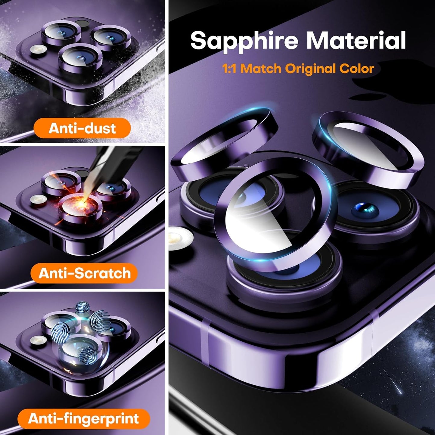 Camera Lens Protector for iPhone 16 Pro Max/16 Pro/15 Pro Max/15 Pro/14 Pro Max/14 Pro, Sapphire Glass Metal Individual Camera Cover Screen, Anti-drop, Scratch Resistant, Case Friendly- Deep Purple