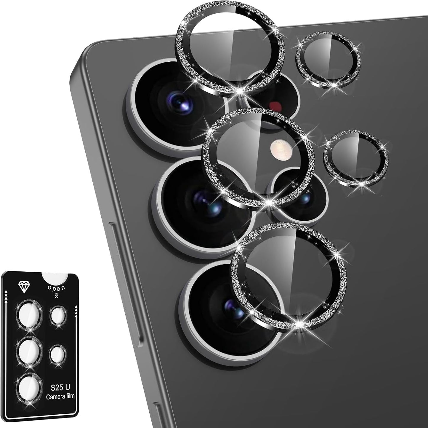 for Samsung Galaxy S25 Ultra Camera Lens Protector, Individual Metal Ring Tempered Glass Lens Cover, [Strong Adsorption] Scratch Resistant Ultra-Thin HD Clear Lens Cover, 1 Set-Black Sparkly