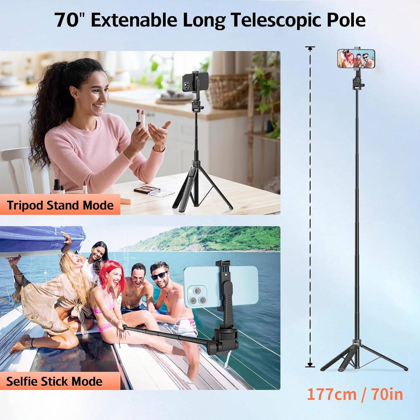 70" Phone Tripod & Selfie Stick, Extendable Tripod for iPhone Stand with Wireless Remote, Lightweight Travel Stand for Vlogging/Live Streaming, Compatible with iPhone Android, Cameras