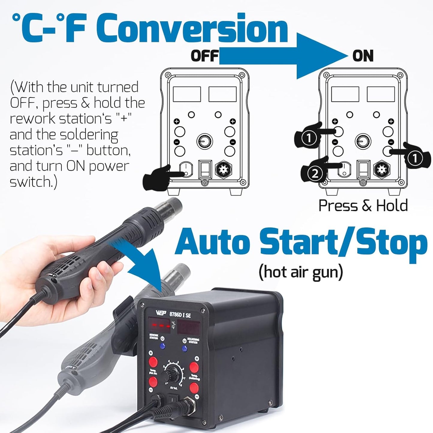 WEP 8786D-I SE Hot Air Soldering Iron Station Kit 2-IN-1 for Rework, Desoldering with Lead-Free Solder Wire, 5 Soldering Tips, 3 Hot Air Nozzles,Tweezers, Desoldering Pump