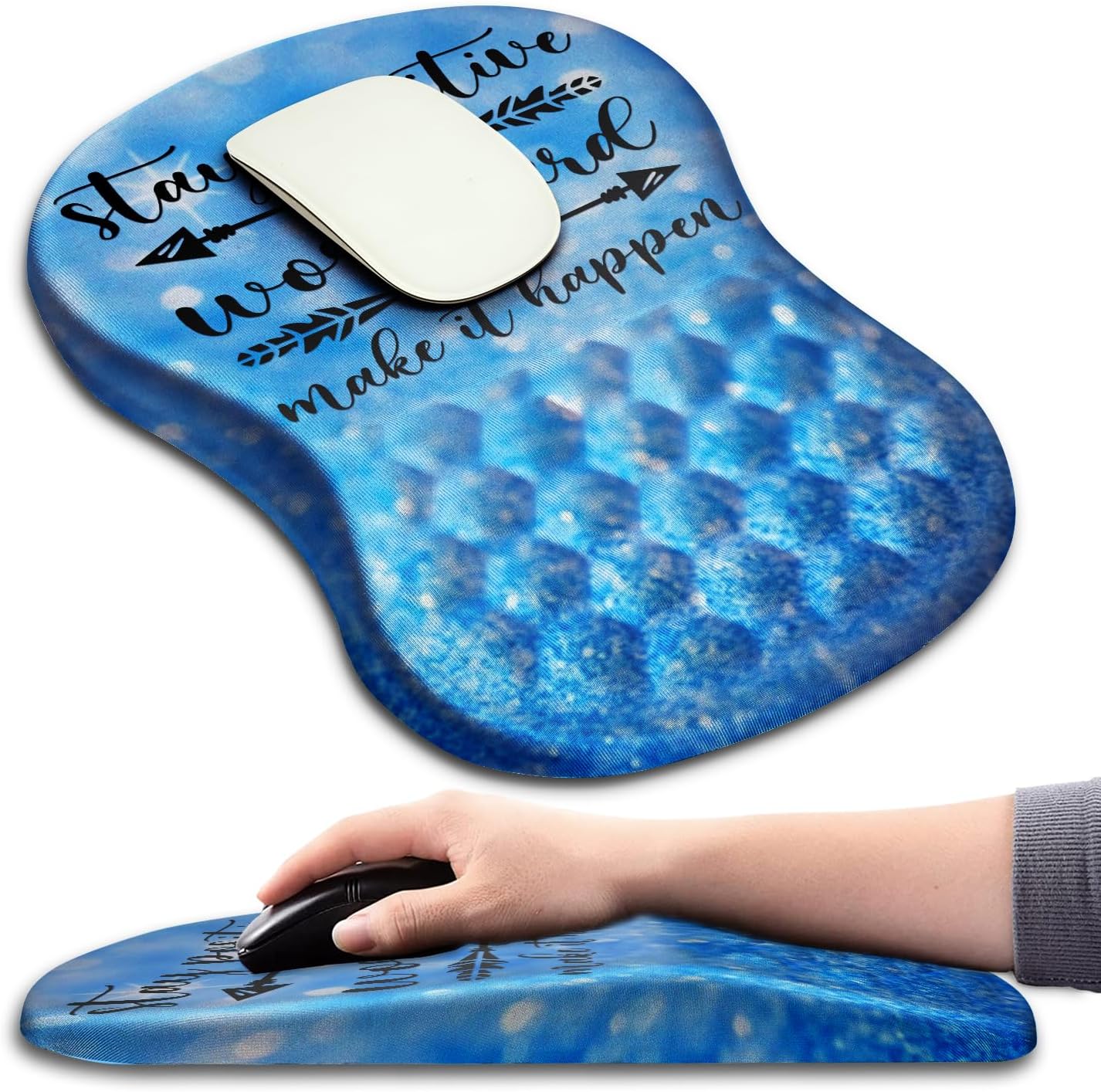 Hokafenle Ergonomic Mouse Pad Wrist Support with Massage Design, Wrist Rest Pain Relief Mousepad with Memory Foam&Non-Slip PU Base, Mouse Pads for Wireless Mouse & Desk (12x8 inch,Stay Positive)