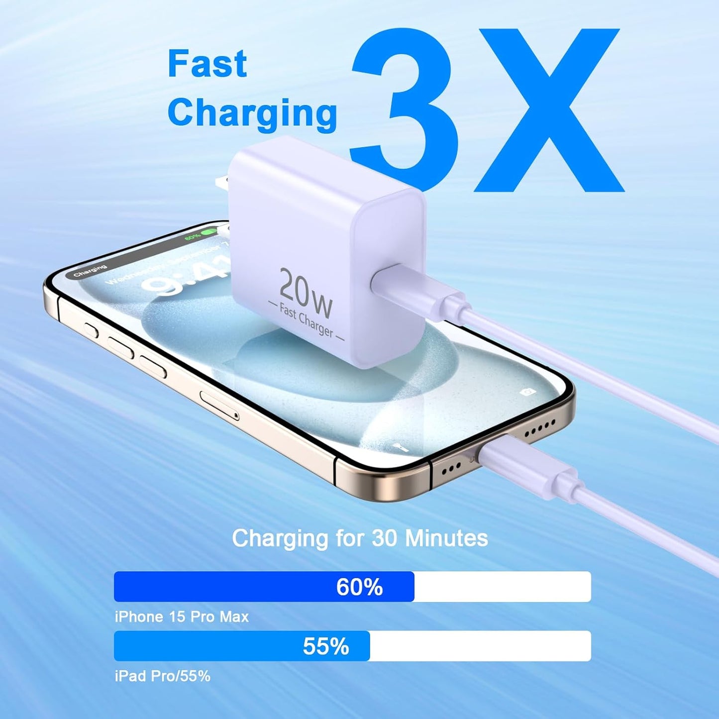 Matsusho 20W USB C Wall Charger Fast Charging Compatible for iPhone 16/16 Plus/16 Pro/16 Pro Max/15/15 Pro/15 Pro Max/15 Plus, 2 Pack iPhone 16 15 Charger Block with 10FT Type C Charging Cable, Purple