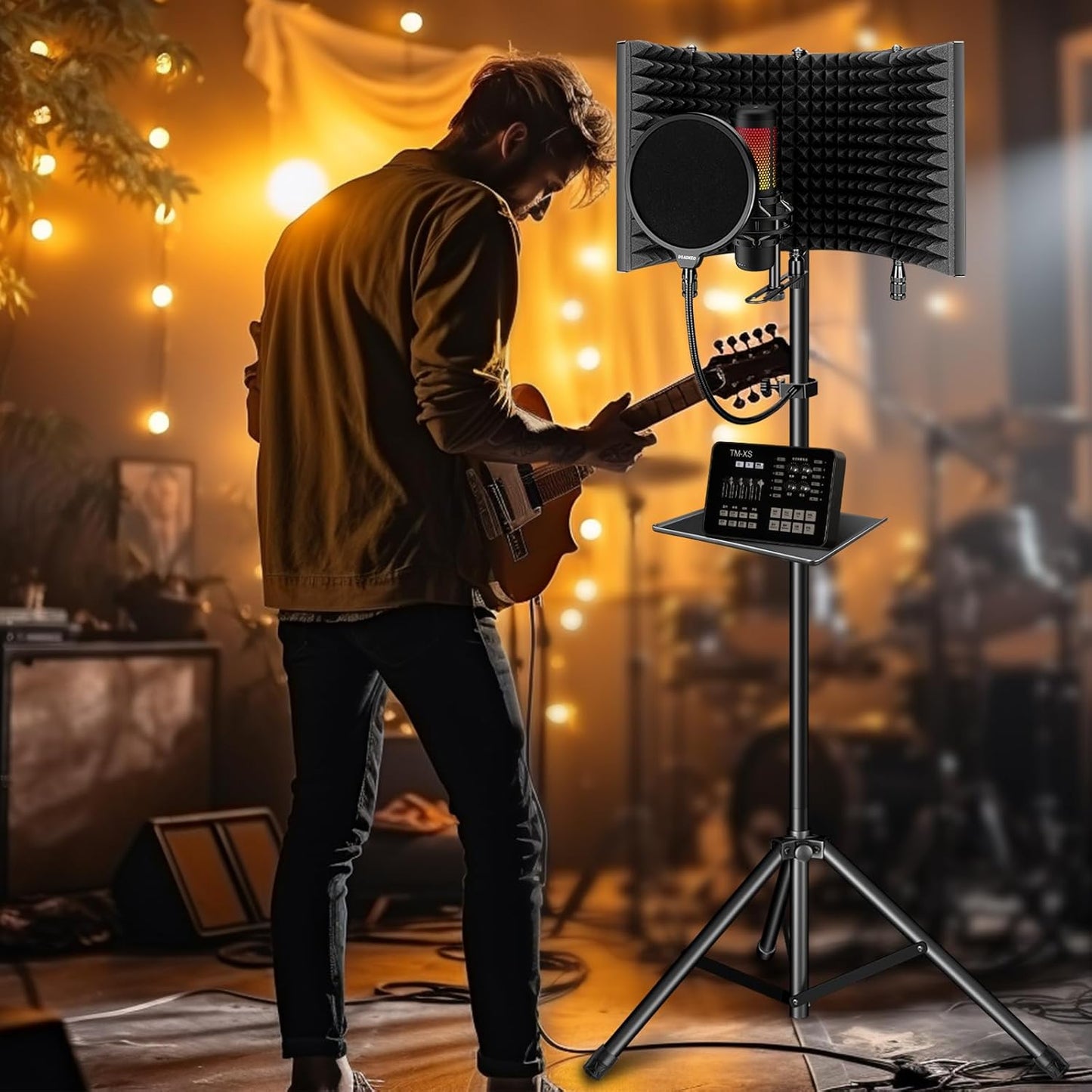 Professional Studio Recording Microphone Isolation Shield, Pop Filter,High density absorbent foam is used to filter vocal. Suitable for Blue Yeti and other condenser microphones (AO-504 With Stand)