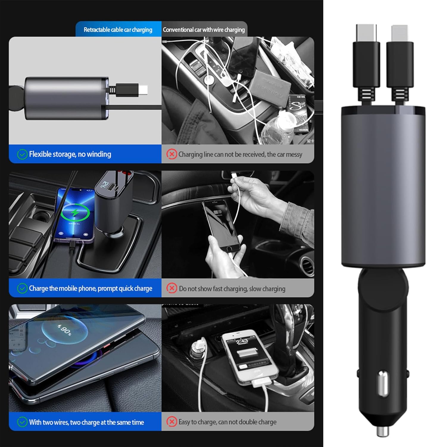Retractable Car Charger，4 in1 Fast Car Phone Charger with Dual Retractable Cables and 2 Charging Ports (Dual Lightning Retractable Cords)