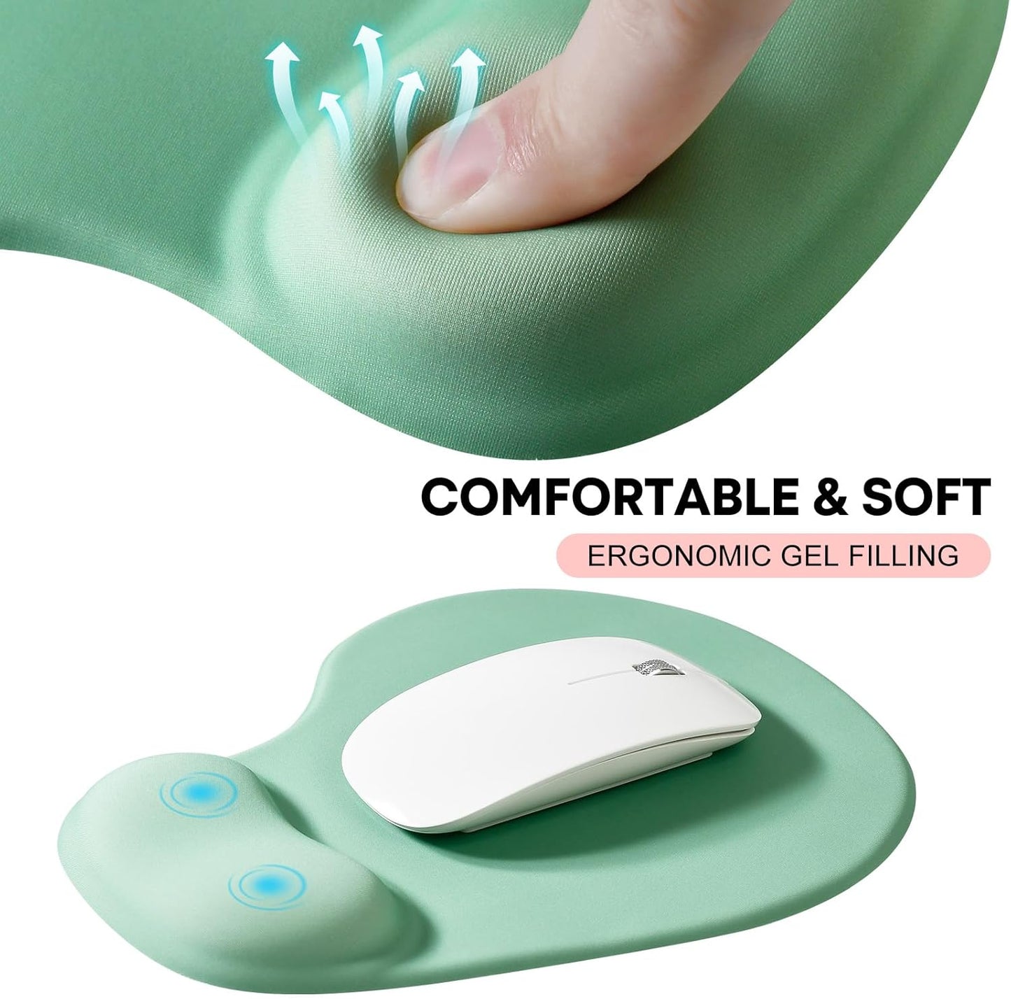 JIKIOU Mouse Pad, 2 Pack Ergonomic Mouse Pads with Comfortable Gel Wrist Rest Support and Smooth Cloth, Non-Slip PU Base for Easy Typing Pain Relief Durable and Easy to Clean Small Pastel Green