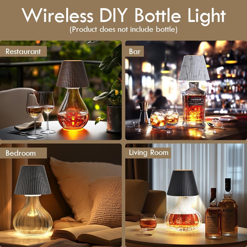 WILIT Wireless Bottle Lamp, 3-Level Brightness Rechargeable Cordless Table Lamp Shades, Night Light, Battery Operated Lamp for Bedroom, Bar Decorations for Home, Gifts for Mom Dad