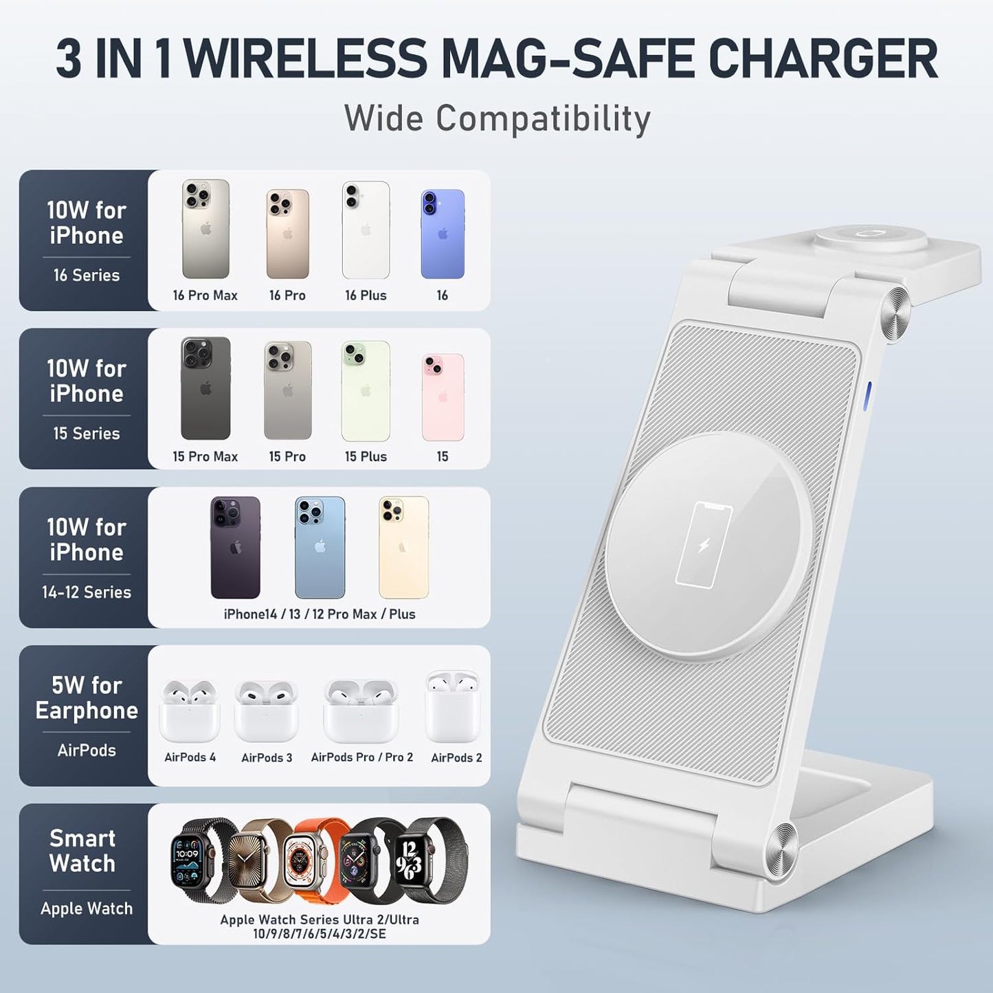 Magnetic Wireless Charger Stand, 3 in 1 Foldable Wireless Charging Station, Travel Charger for Multiple Devices for iPhone 16 15 14 13 12 Series, Apple Watch Ultra/SE/9/8/7/6/5/4/3/2, AirPods