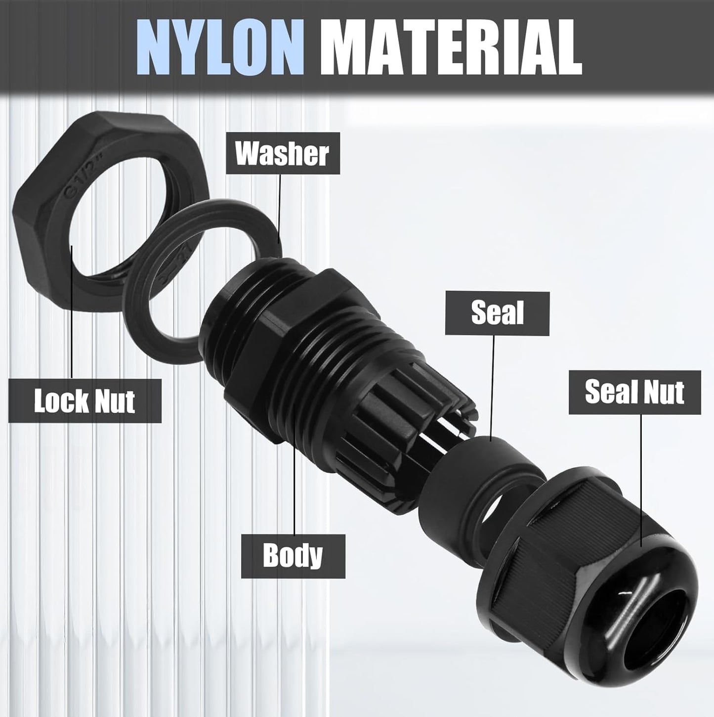 12 Pcs Nylon Cable Glands, Black Strain Relief Cable Cord Connector IP68 Waterproof Junction Box Wire Protectors Adjustable (6 Pcs 3/4" NPT + 6 Pcs 1/2" NPT)