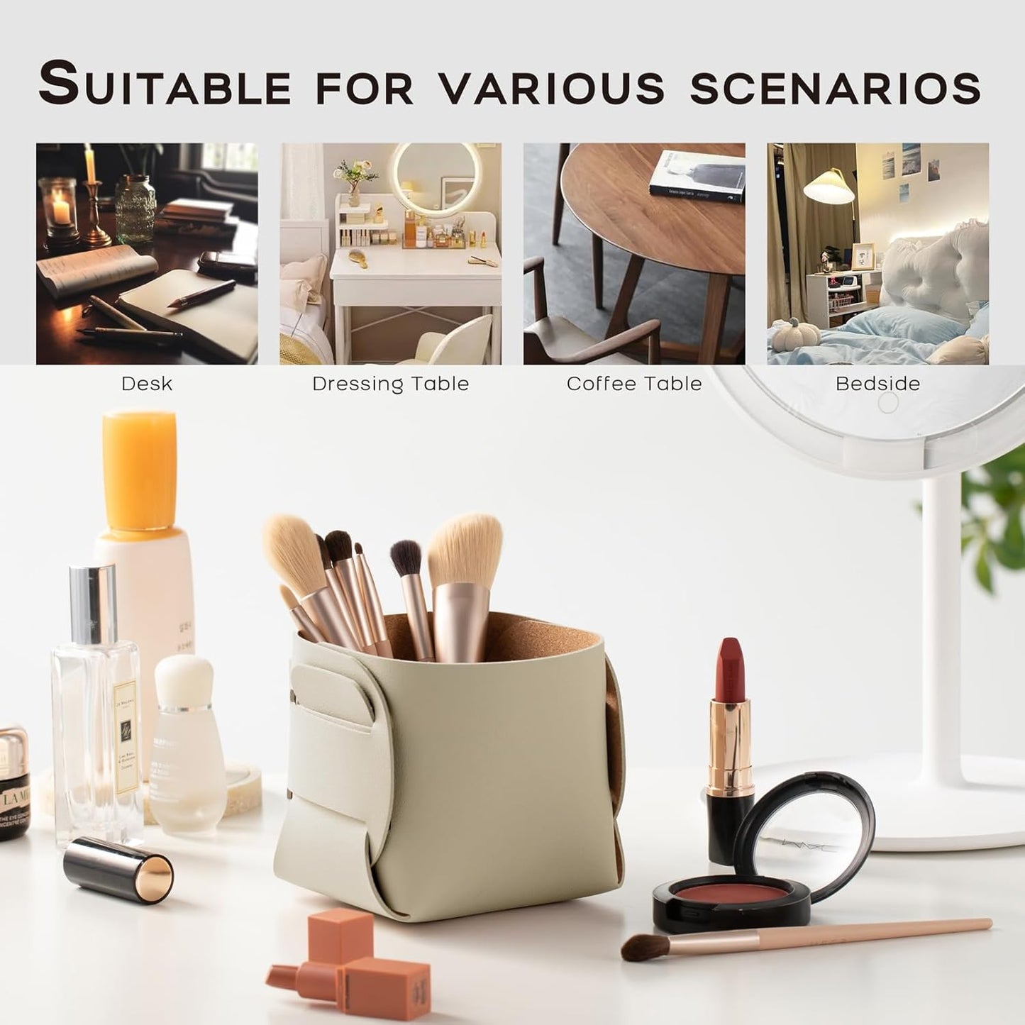 2-Pack Cork Leather Makeup Brush Holder Organizer - Desk Accessories Storage - Pencil Pen Holder - Stylish Addition to Home Decor (Beige)