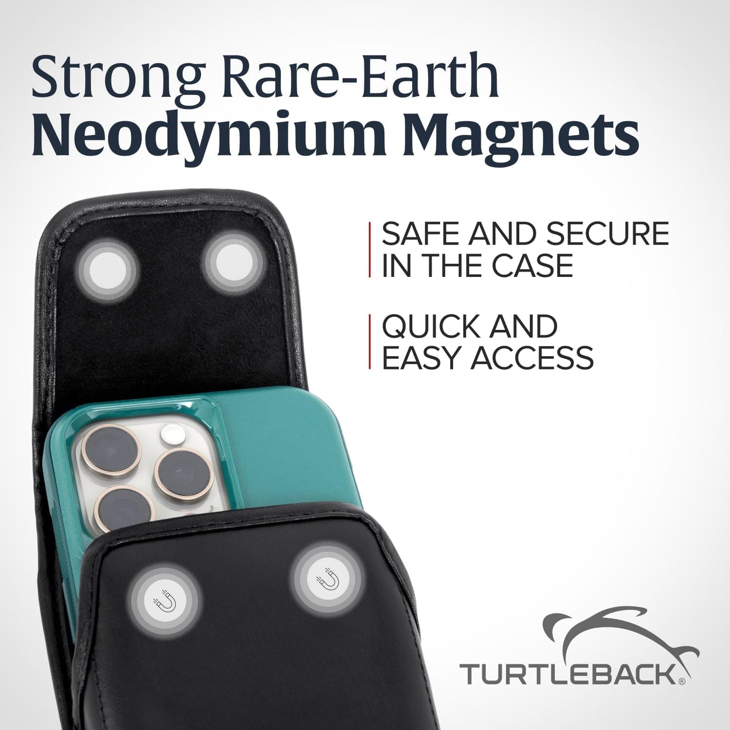 Turtleback Belt Clip for iPhone 16 Pro, 16e, 15 pro 14 Pro 13 Pro -Medium- Fits w/Shockproof Commuter Style Cases, Premium Black Leather, Vertical Belt Holder, Magnetic Closure HD Rotating Clip