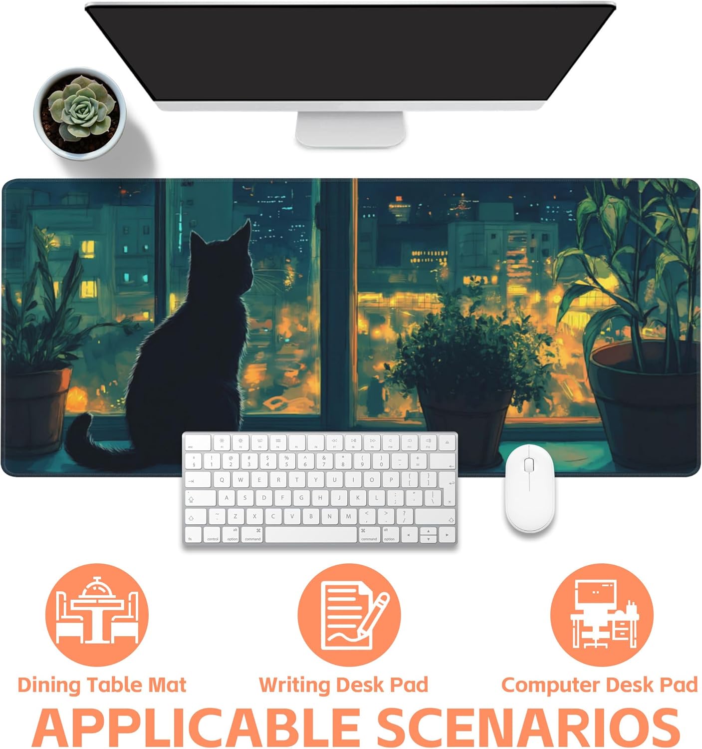 Mouse Pad Large Cat Sitting on The Windowsill Non-Slip Game Desk Mat with Stitched Edge Laptop Keyboard Desk Pad for Work Home Gaming (35.4 x 15.7 Inches)