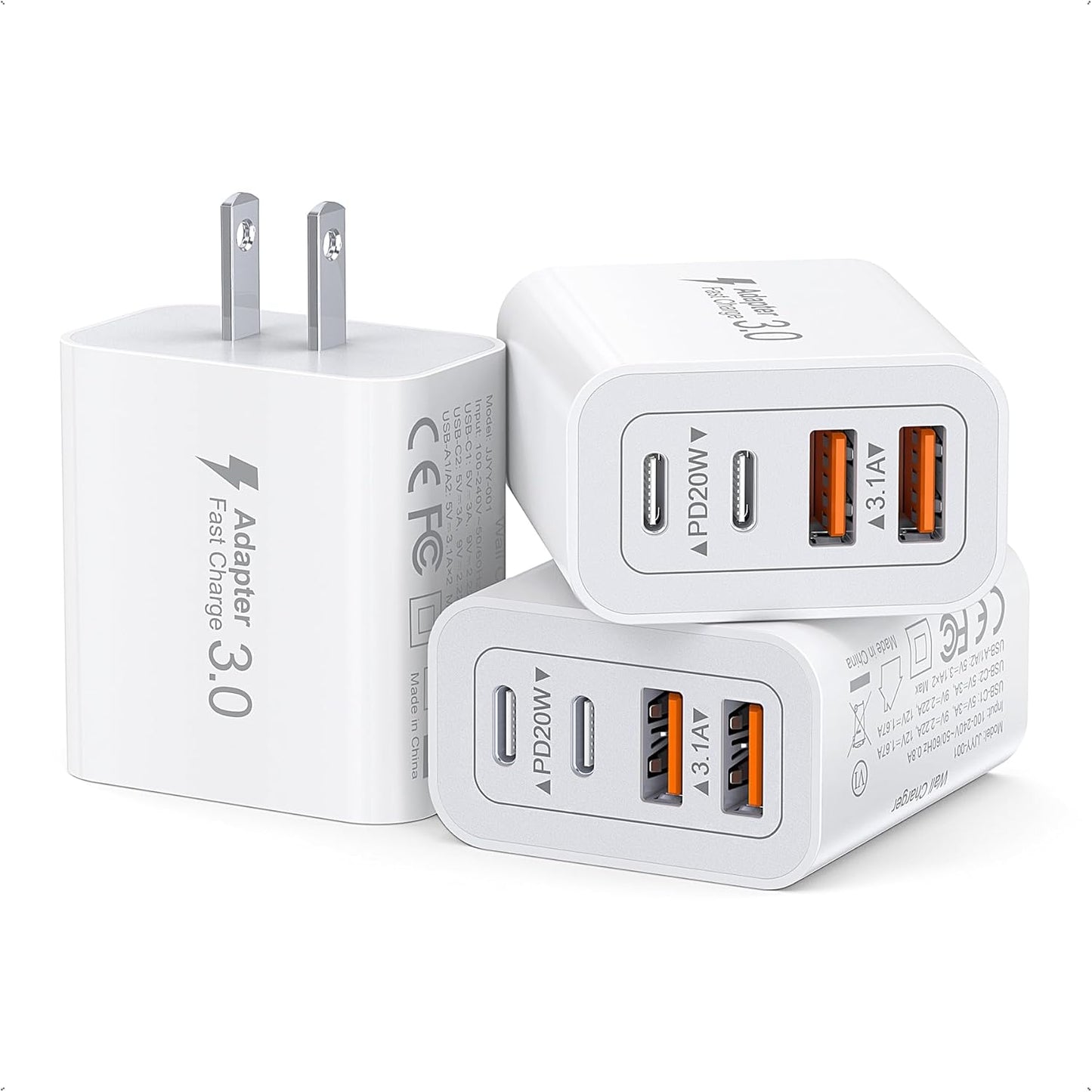 [3-Pack] USB C Wall Charger, 40W Fast USB C Charger Block, 4-Port PD+QC Wall Plug Power Adapter Multiport Type C Charging Block for iPhone 16/15/14/13/12/Pro Max, iPad,Samsung,AirPods4,Watch10,Ultra2