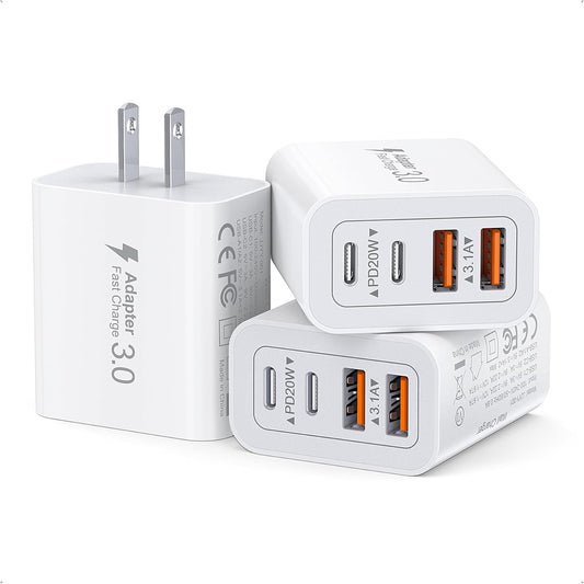 [3-Pack] USB C Wall Charger, 40W Fast USB C Charger Block, 4-Port PD+QC Wall Plug Power Adapter Multiport Type C Charging Block for iPhone 16/15/14/13/12/Pro Max, iPad,Samsung,AirPods4,Watch10,Ultra2