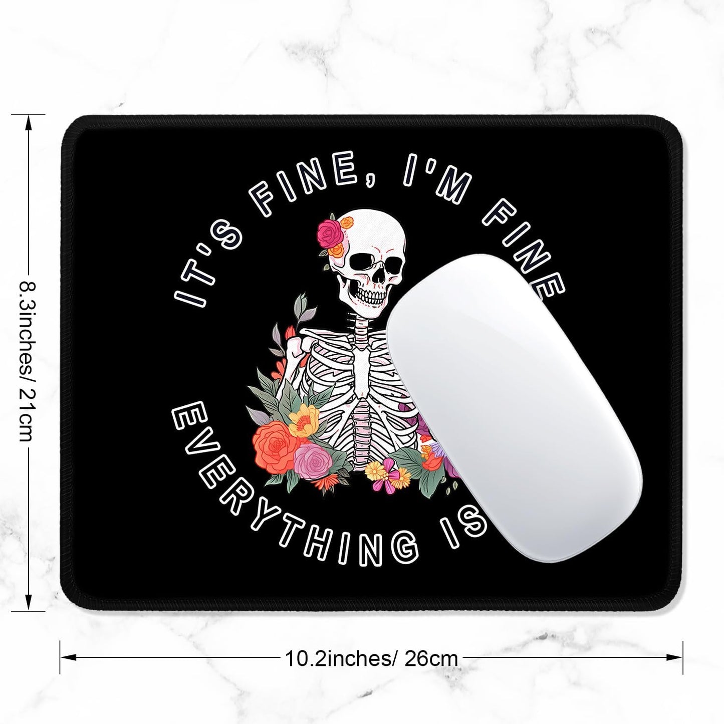 ITNRSIIET Mouse Pad with Stitched Edge Premium Textured Smooth Precise Operation Waterproof Washable Non-Slip Rubber Base Desktop Protection Mat, 10.2×8.3×0.12 inches, Flower Skull