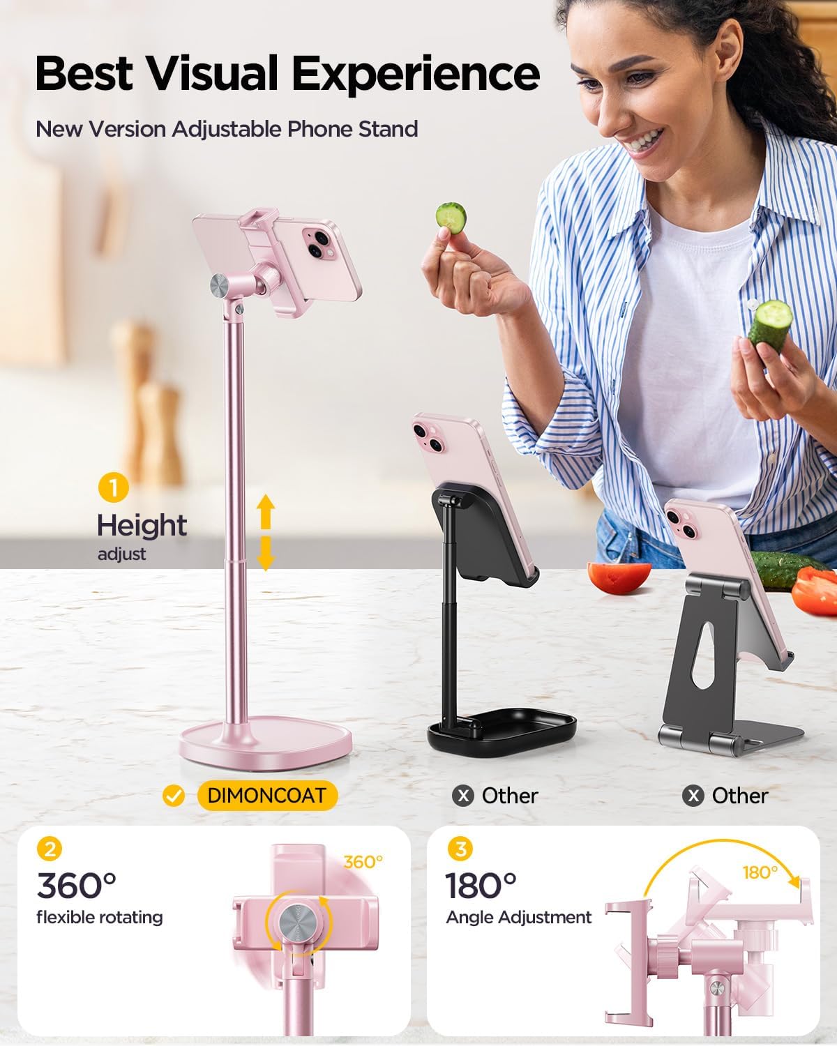 DIMONCOAT Phone Stand for Desk, Angle Height AdjustablePhone Holder for Desk, Aluminum Alloy Universal iPhoneStand Holder, Retractable Cell Phone Stand Recording Office for iPhone 16 15 Pro Max -Pink