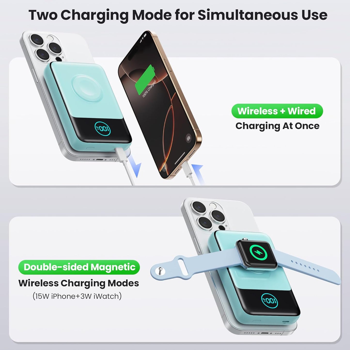 Magnetic Portable Charger for iPhone, 3-in-1 10800mAh Qi2 15W Wireless Power Bank with iWatch Charger,30W PD Fast Charging USB-C LCD Display Battery Pack for Magsafe,iPhone 16/15/14/13/12, Apple Watch