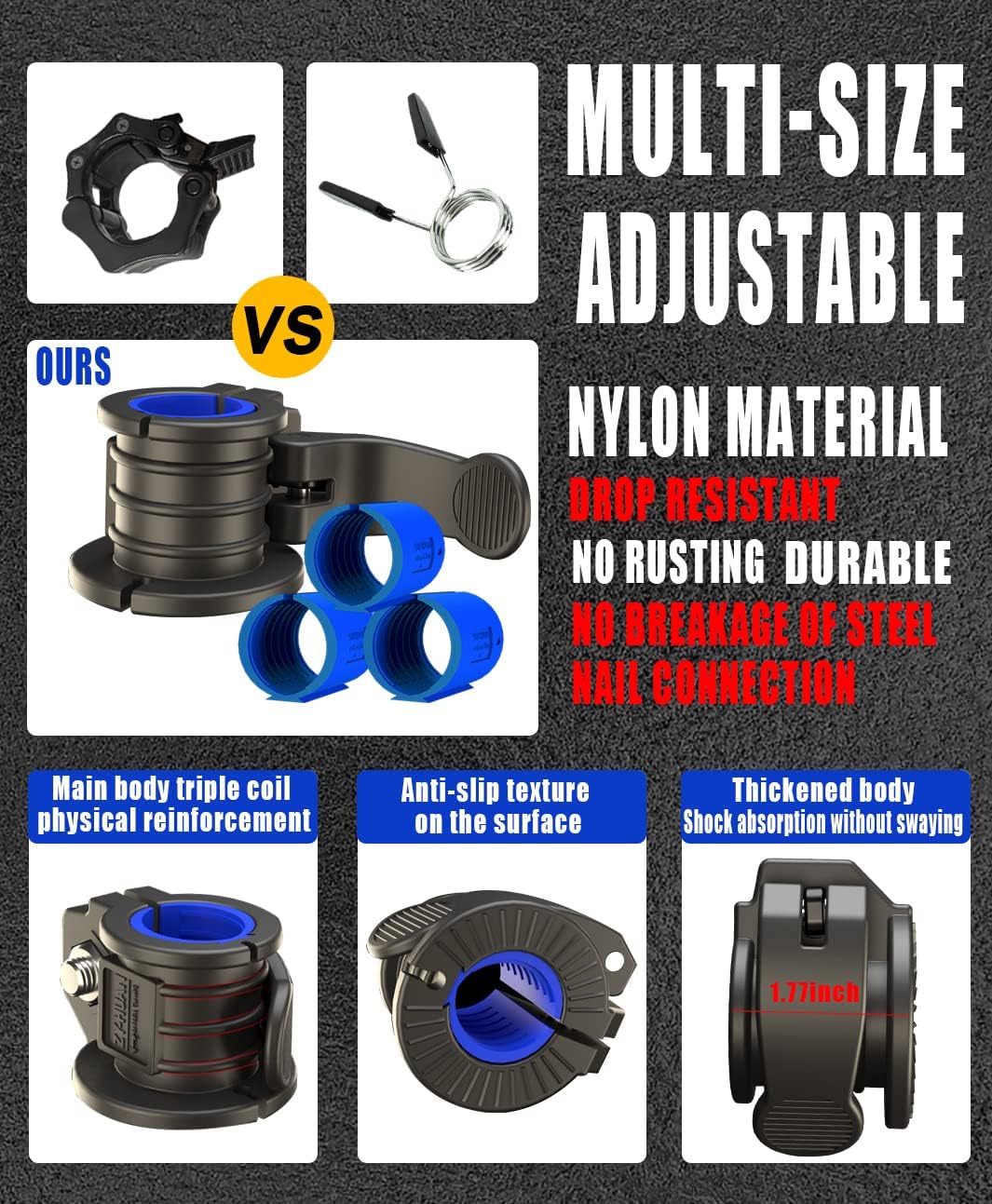 Barbell Clips 1 Inch Quick Release Weight Clamps 0.9-1.18inch Multi-Size Adjustable Olympic Clamps for Bars