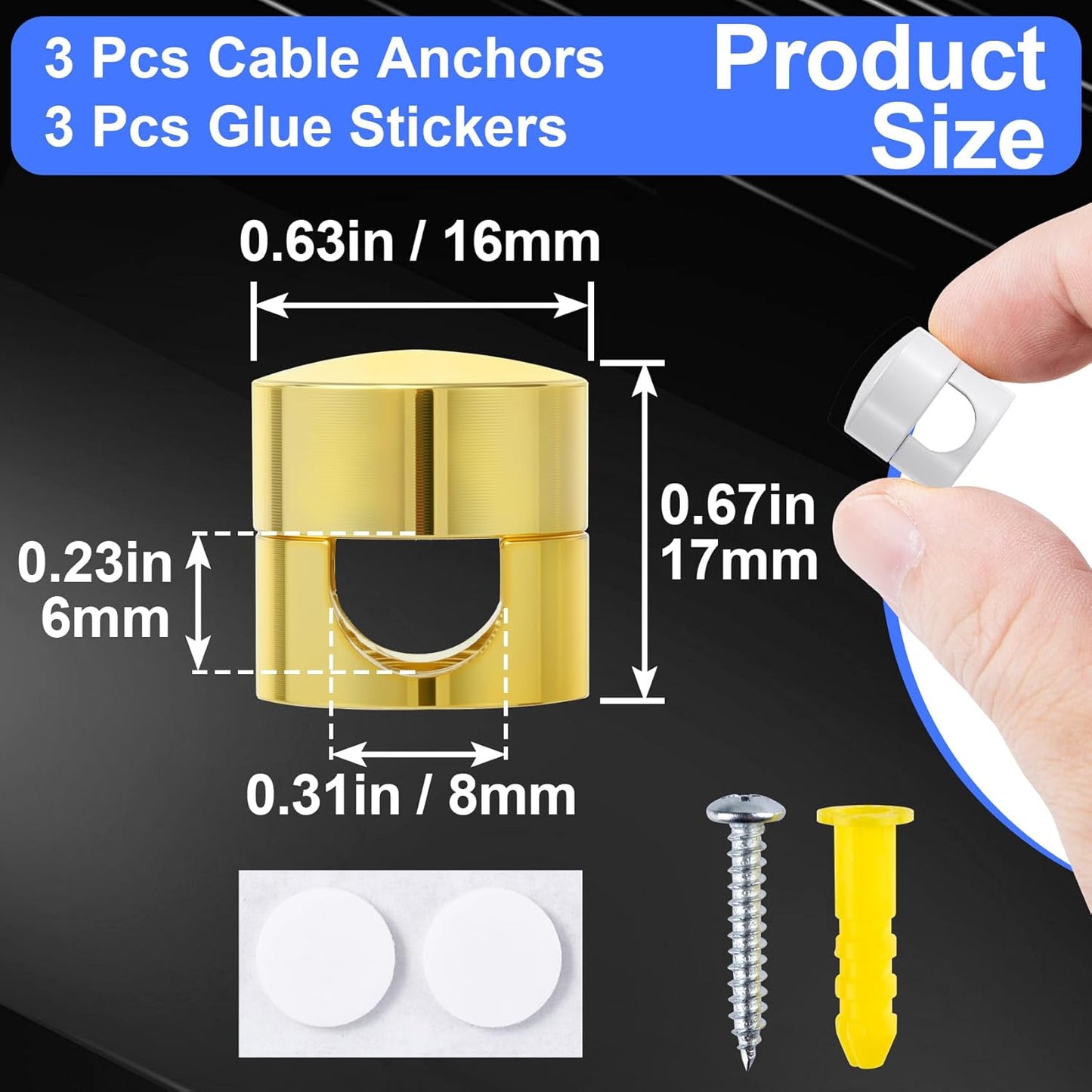 3 Sets Charger Holders for Cords, Adjustable Cable Anchor Holders, Adhesive Metal Cord Clips, Cable Management Wire Organizers for Desk, Office, Nightstand - Gold, White, Silver