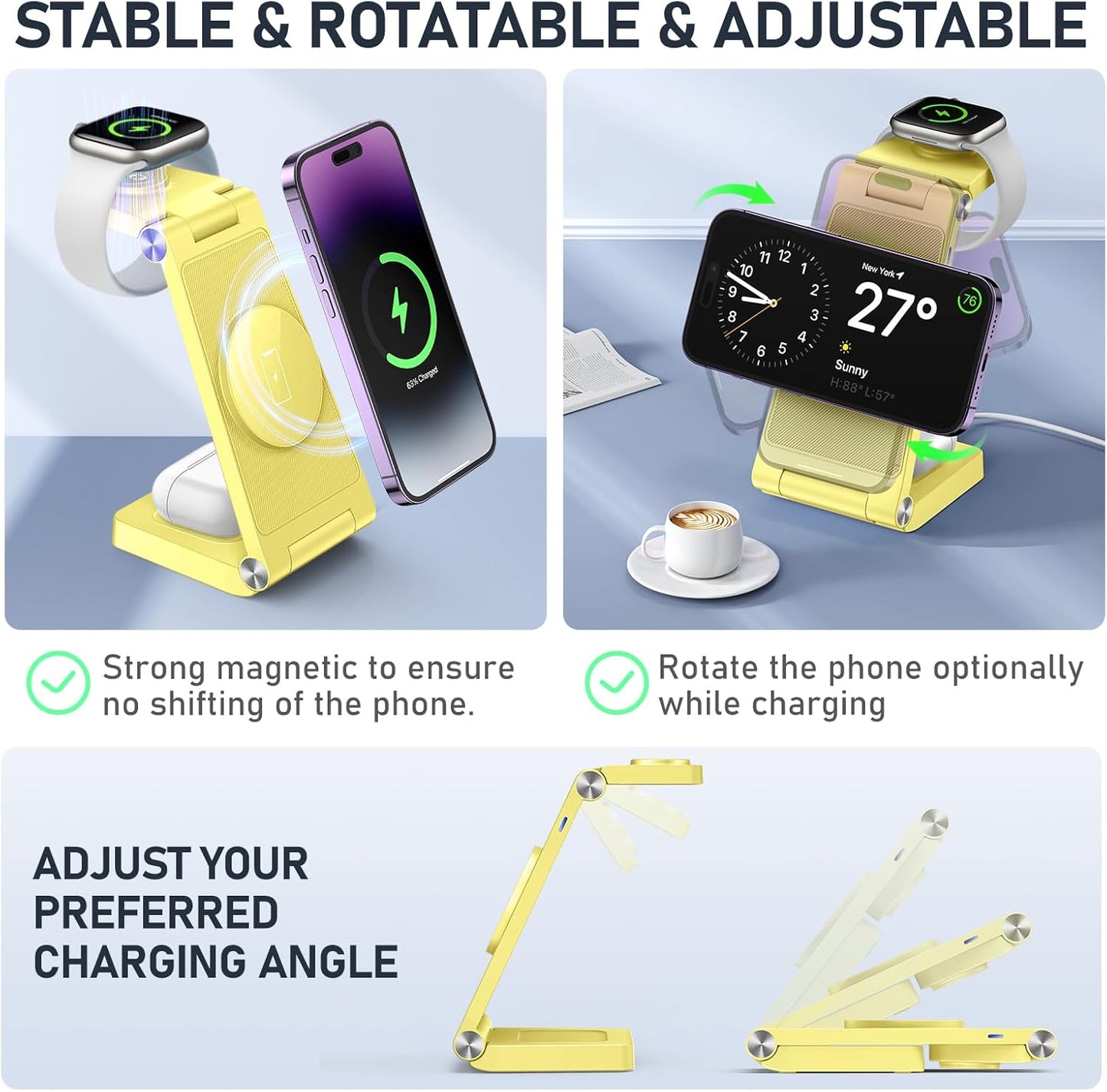 Magnetic Wireless Charger Stand, 3 in 1 Foldable Wireless Charging Station, Travel Charger for Multiple Devices for iPhone 16 15 14 13 12 Series, Apple Watch Ultra/SE/9/8/7/6/5/4/3/2, AirPods